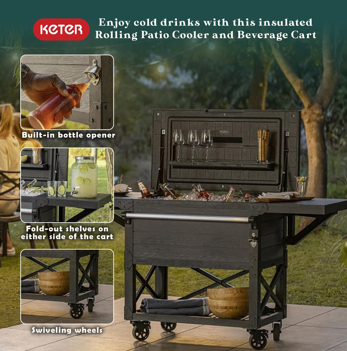 Keter Rolling Ice Cooler Cart, Outdoor Party Beverage Stand w/Wheels, 89.8 Qt, Dark Grey Keter