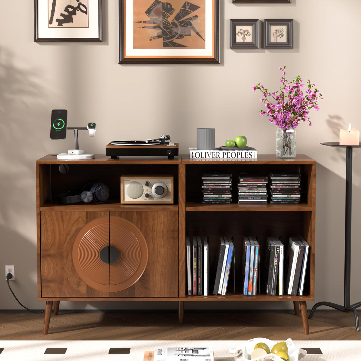 Fiogmub Large Record Player Stand, Mid Century Turntable Stand with Door, Record Player Table Holds Up to 350 Albums,Vinyl Display Shelf for Bedroom Living Room (Brown) Fiogmub