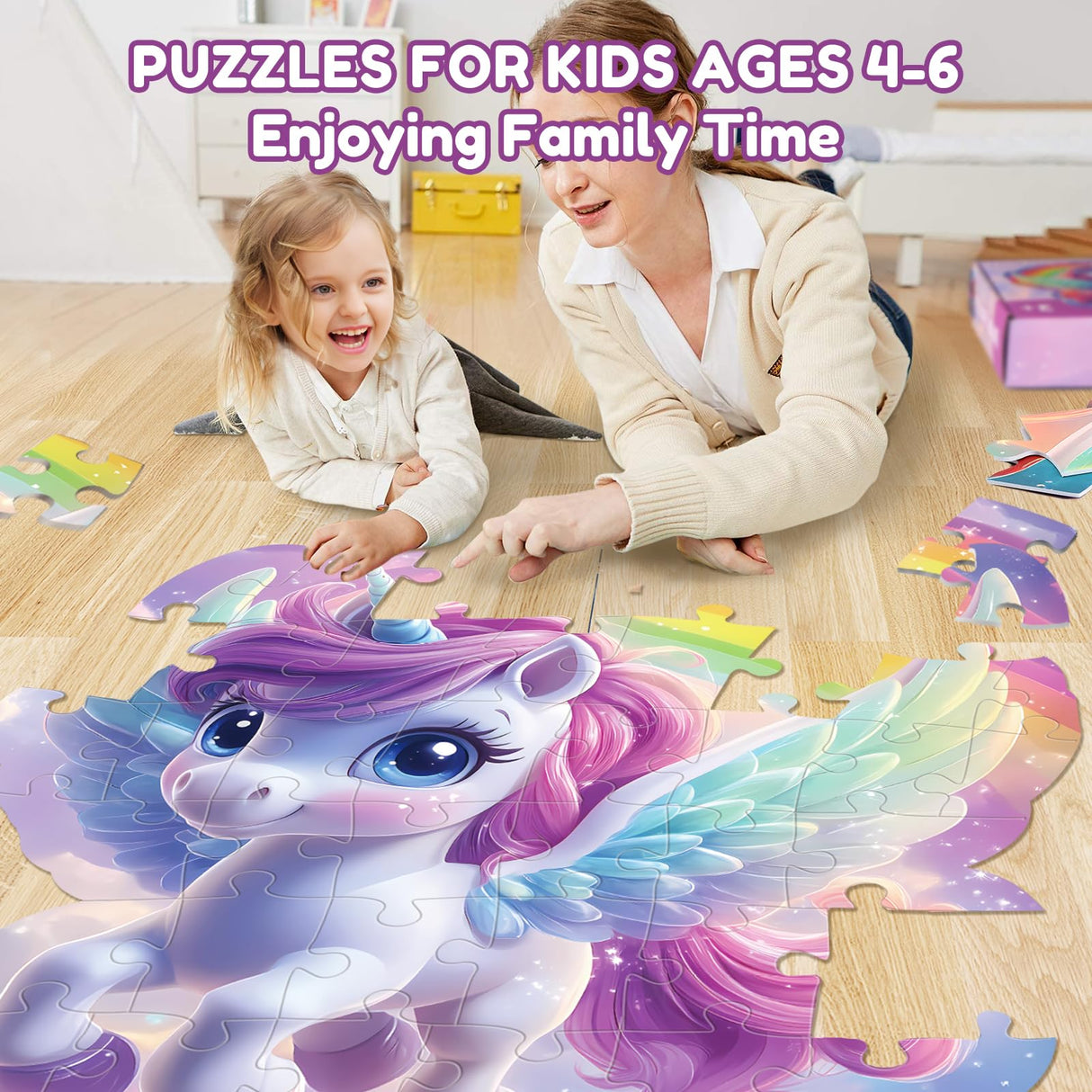 FAMOPLAY 45pcs Unicorn & Mermaid Double-Sided Floor Puzzles, Ages 3-8, 27.6x32 In, Waterproof, EVA Material, Jumbo Jigsaw Puzzle, 1 Set of 45 Pieces FAMOPLAY