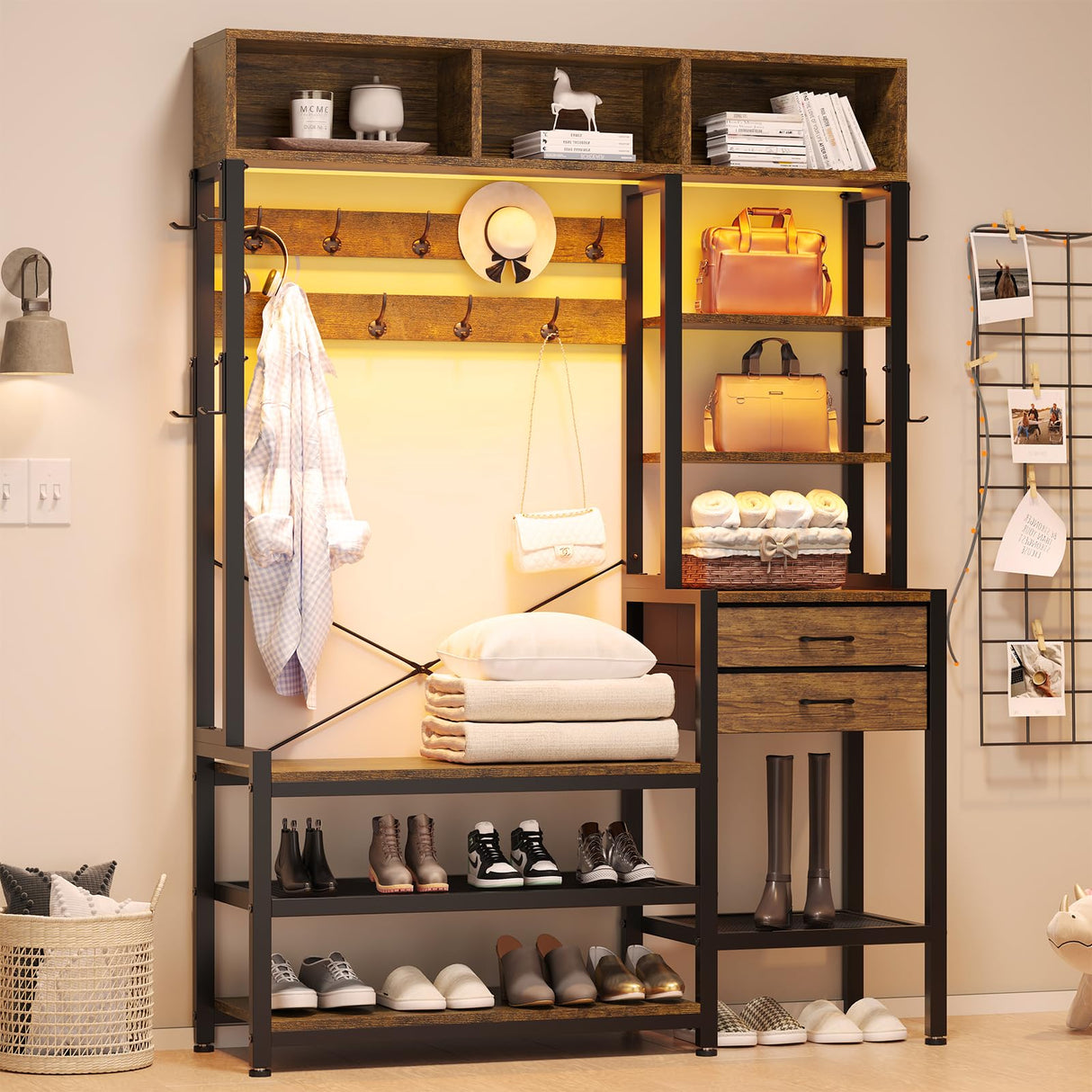 Itaar Hall Tree with Bench and Shoe Storage, 7-in-1 Entryway Bench with Coat Rack, 3 Storage Cubbies, 3 Storage Shelves, 17 Coat Hooks, 2 Fabric Drawers (Rustic Brown) Itaar