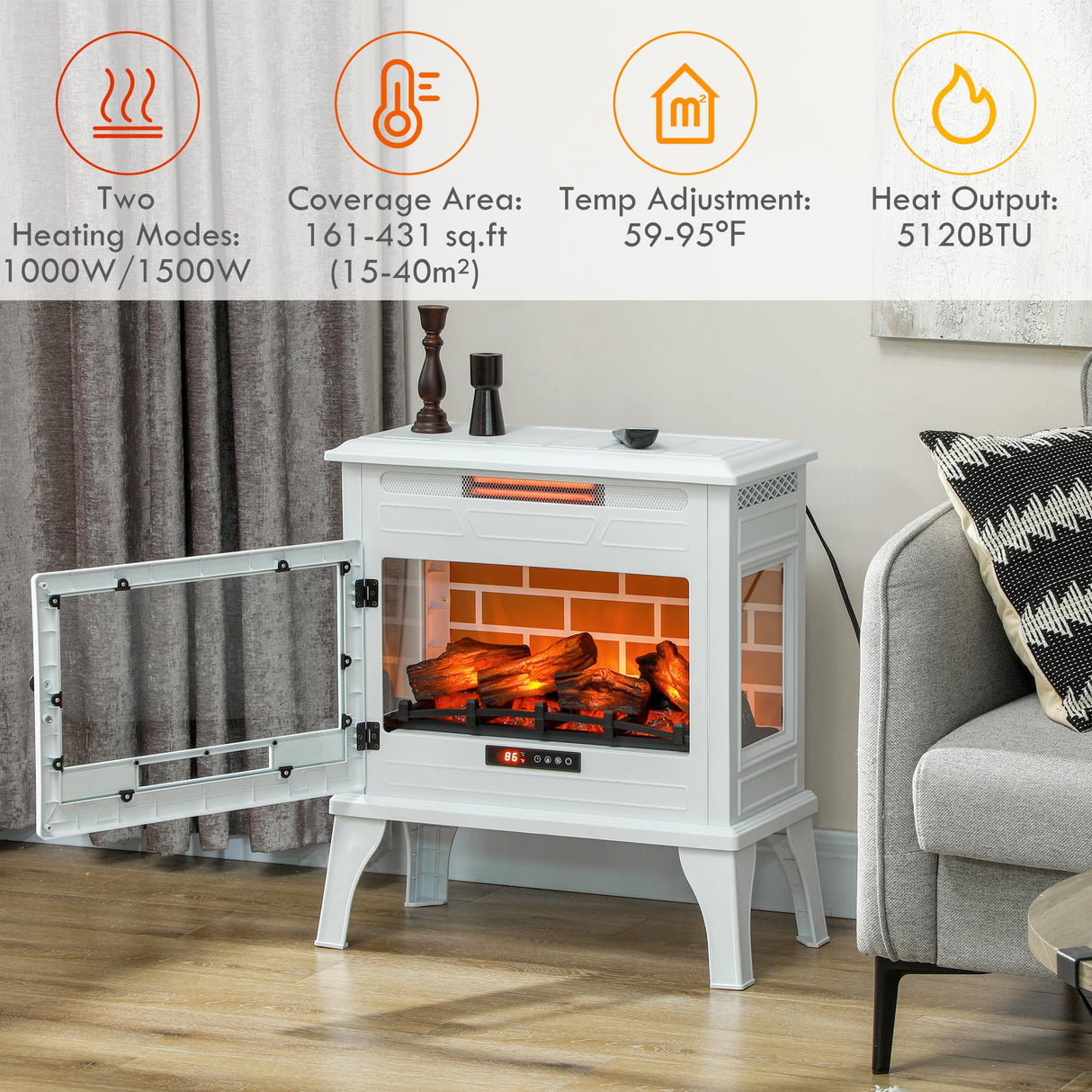 HOMCOM Electric Fireplace Stove, 24" Freestanding Electric Fireplace Heater with Remote, Realistic 3D Flame Effect, Thermostat, Overheat Protection, 1000W/1500W, White HOMCOM