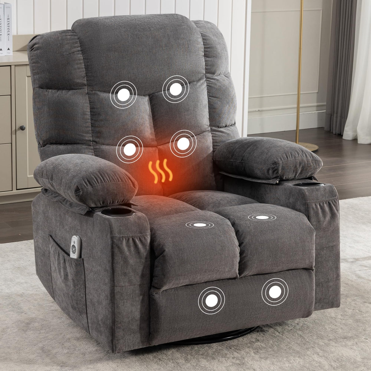Oversized Massage Swivel Recliner Chair with Lumbar Heating for Living Room Rocker Recliner Single Sofa with Cup Holders and USB Charge Port, Large Big Chair Recliners for Adult MAHOMICO