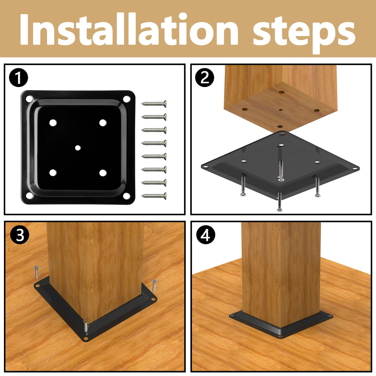 4 Pcs Wood Post Plate Connector, 4" x 4" Wood Fence Post Anchor Base, Deck Porch Railing Support Base, Powder-Coated Decking Post Base (4) Adnee