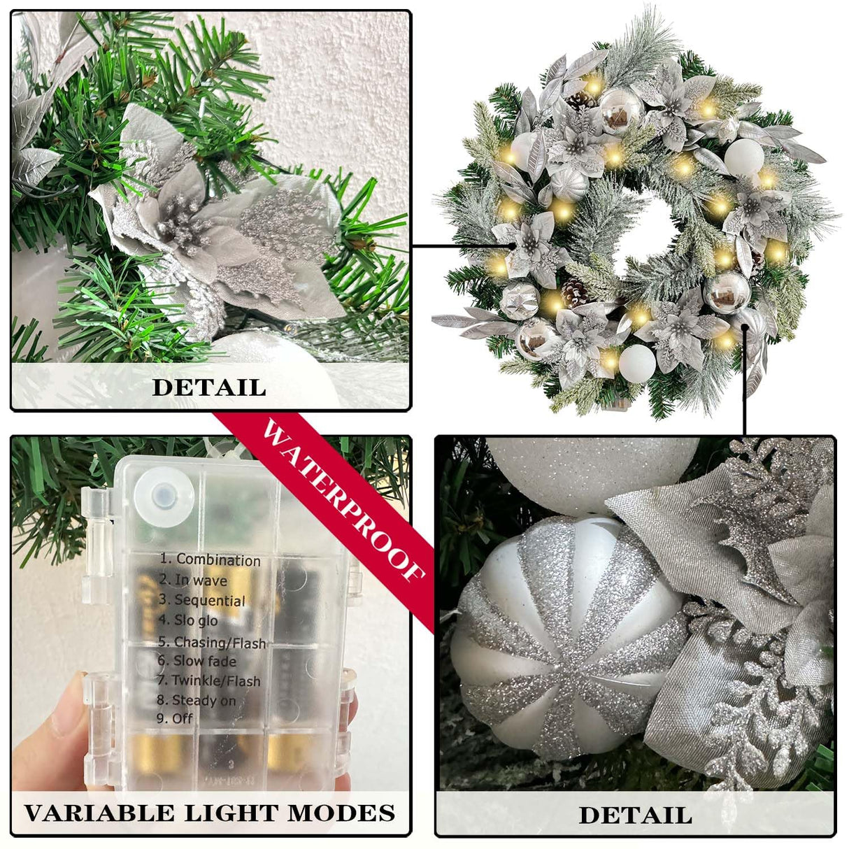 WANNA-CUL Pre-Lit 24 Inch Lighted Christmas Wreath for Front Door Decor with Silver White Christmas Ball Ornaments and Poinsettia Flowers,Battery Operated 30 LED Lights WANNA-CUL