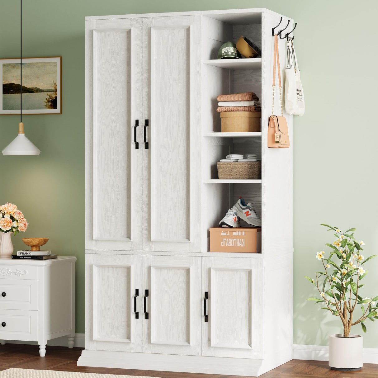 LIKIMIO Armoire Wardrobe Closet 70" H, 5 Doors Bedroom Wooden Wardrobe with 4 Storage Shelves and Hanging Rod, Clothing Storage Cabinet Organizer Combination, White LIKIMIO