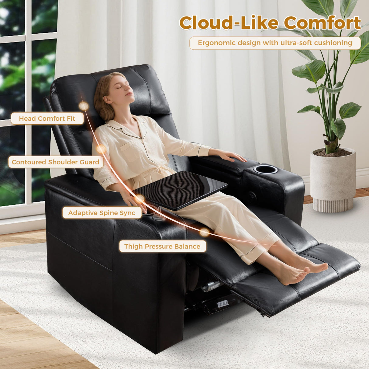 ANJ Black Power Recliner Chair Electric Home Theater Seating Soft Leather Movie Chair for Living Room Overstuffed Single Reclining Sofa with Hidden Arm Storage, Cup Holders and USB Ports (Black) ANJ