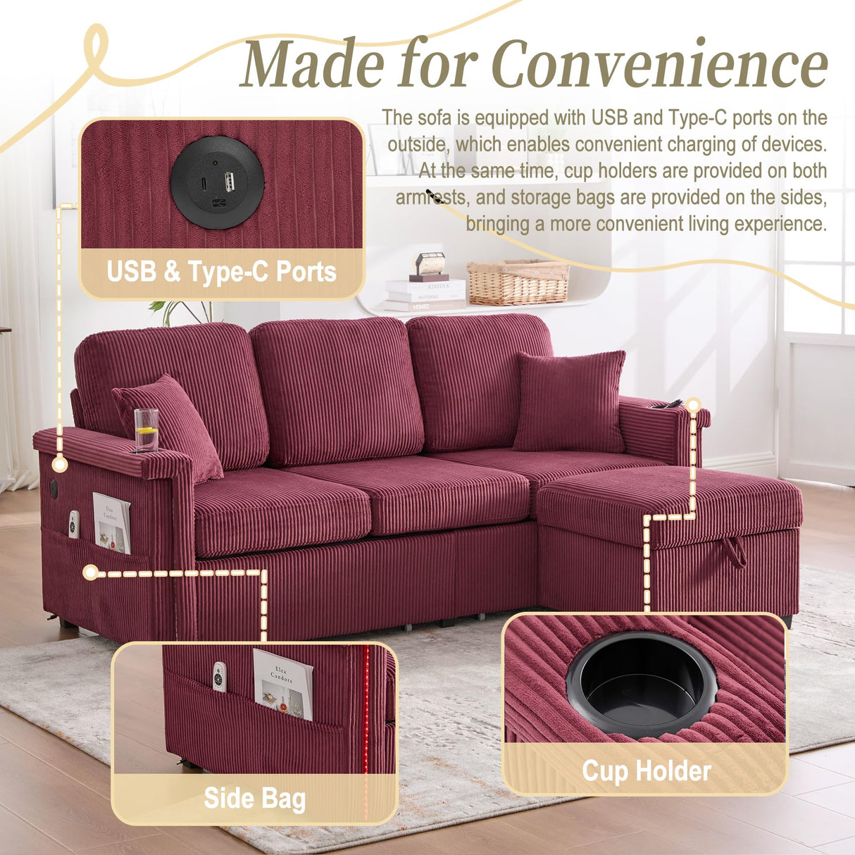 L-Shaped Sectional Sofa with Storage & Movable Ottoman, Corduroy 3 Seater Sectional Couch with USB Charging, Cup Holder & LED Light, Convertible Couches for Living Room (Wine Red, 76.38) Firscook