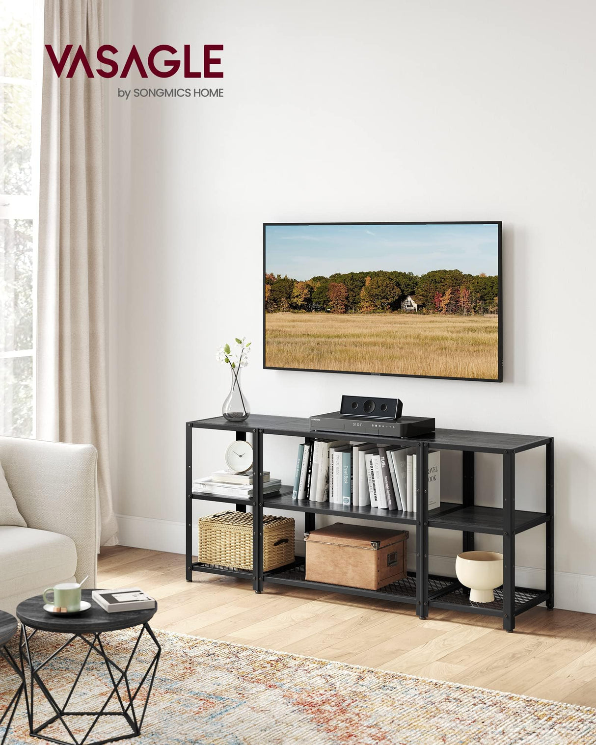 VASAGLE TV Stand for 65 Inches TVs, Industrial Entertainment Center, Modern TV Console with Open Storage Shelves for Living Room, Bedroom, Black ULTV105B22 VASAGLE