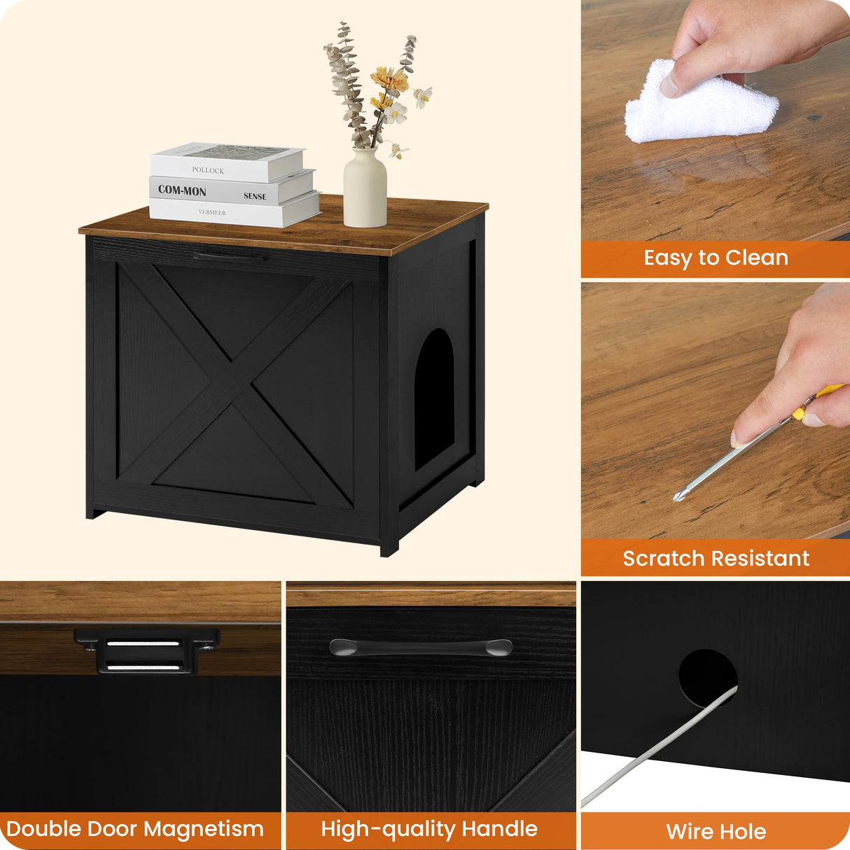 Dwanton Cat Litter Box Furniture Hidden, Cat Litter Box Enclosure, Reversible Entrance Can Be on Left or Right Side, Indoor Cabinet, Wooden Washroom, End Table, Black and Warm Brown, 27.6" L Dwanton