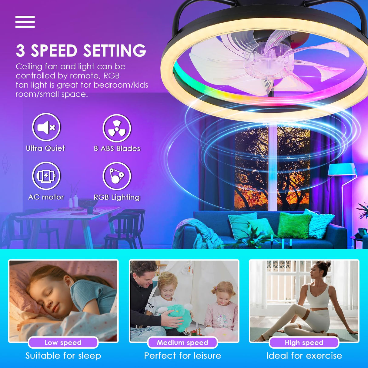 Ceiling Fans with Lights - Modern Flush Mount Ceiling Fan,16" RGB Dimmable LED Enclosed Ceiling Fans,Low Profile Bladeless LED-RGB Ambient Light for Bedroom Kids Room Party(Black) Mpayel