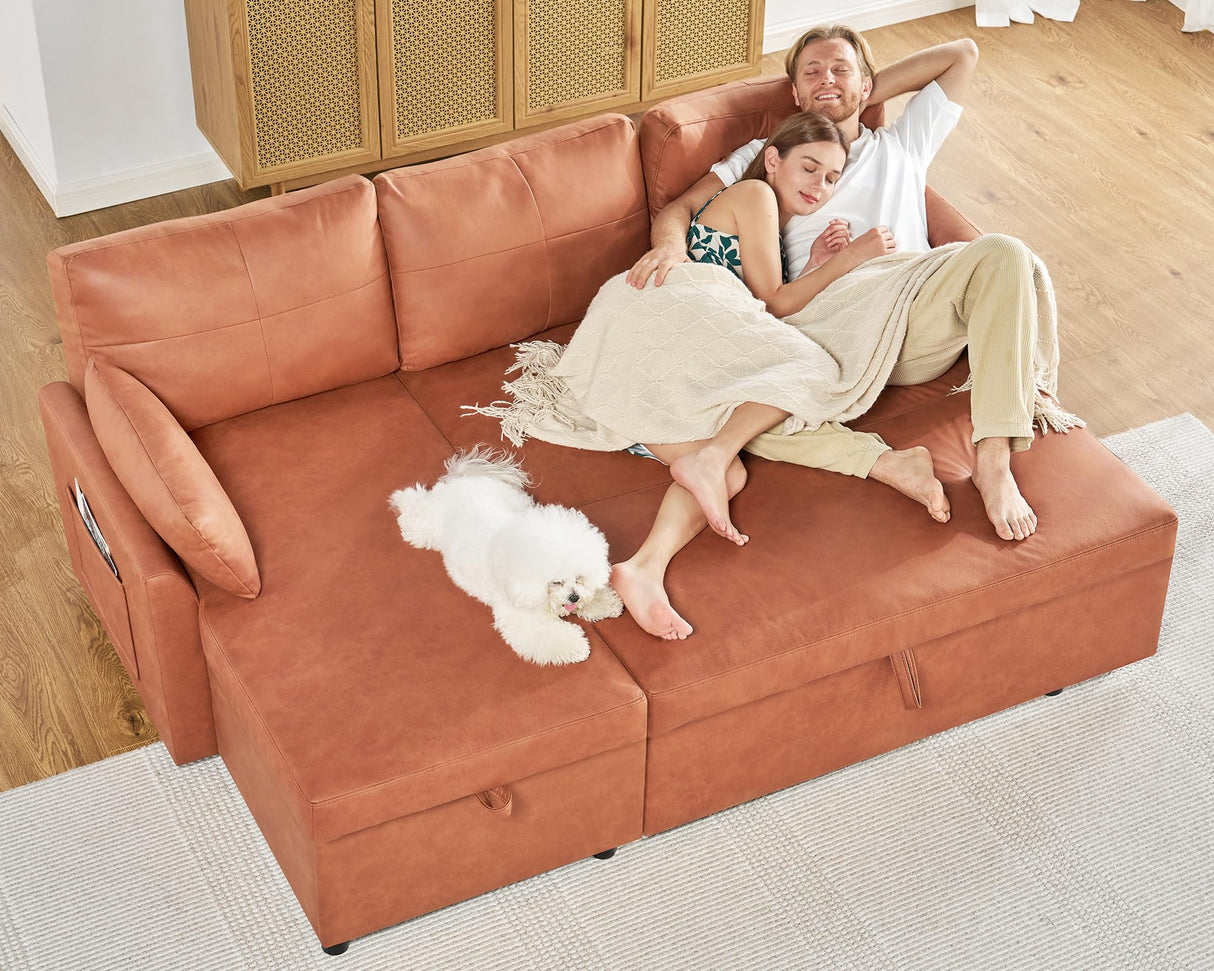PaPaJet Sofa Bed, Sofa Sleeper with Storage Chaise, L Shape Pull Out Couch Bed, Oversized Sofas for Living Room-Brown Leathaire PaPaJet