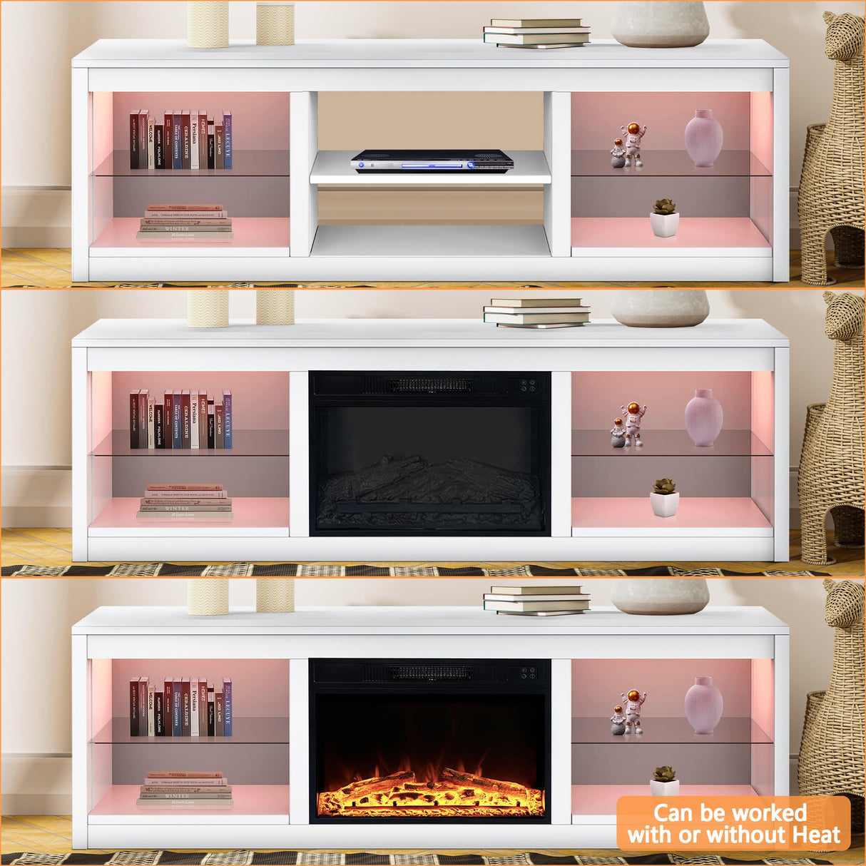 COMEFFIE 66 inch Electric Fireplace TV Stand up to 75'' TV-Entertainment Center with 24'' Fireplace and Led Light-TV Console with Adjustable Glass Shelves, Remote Control (Black with Fireplace) COMEFFIE