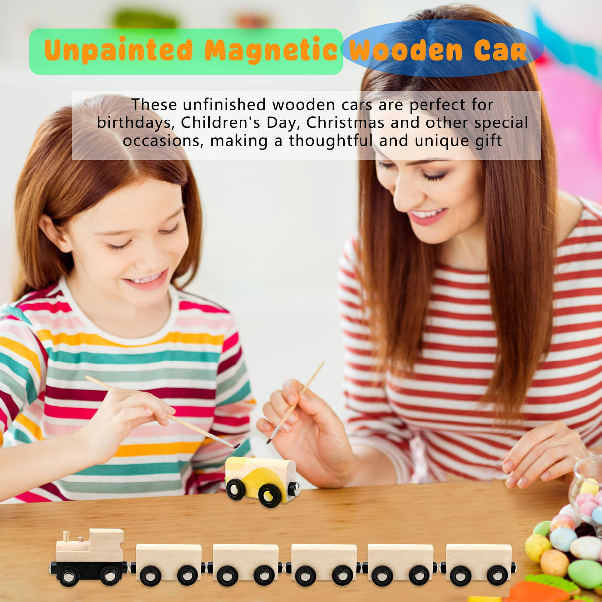 Hoarost 18 Pack Unfinished Wooden Cars Unpainted Magnetic Wood DIY Crafts Trains Car for DIY Craft Activities Birthday Gift (Color Set 1) Hoarost