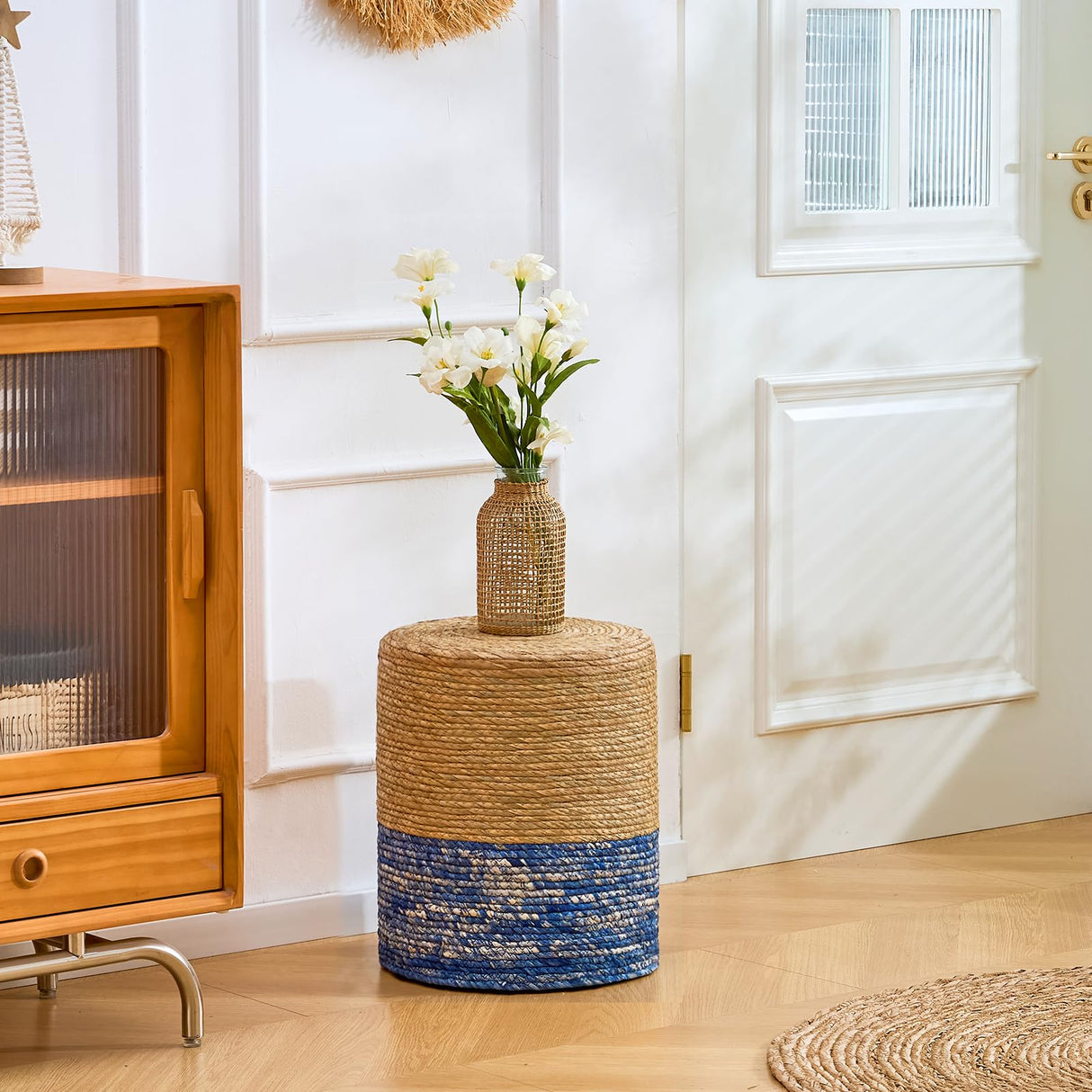 Wimarsbon Natural Seagrass Foot Stool, Hand Weaving Round Ottoman, for Living Room, Outdoor Seat (Natural & Blue) Wimarsbon