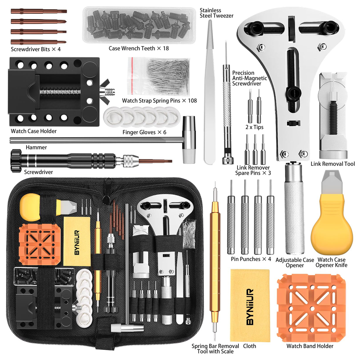 Watch Link Removal Kit, BYNIIUR Watch Repair Kit, Watch Case Opener Spring Bar Tools, Watch Battery Replacement Tool Kit, Watch Band Link Pin Tool Set with Carrying Case and Instruction Manual BYNIIUR