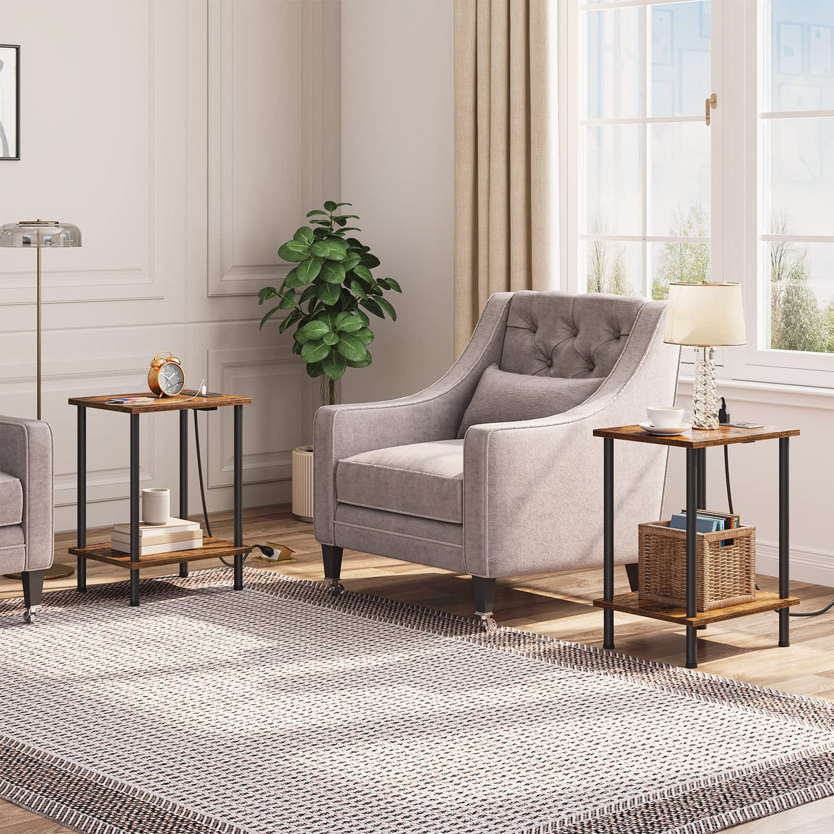 HOOBRO Side/End Table with Charging Station, Set of 2 with USB Ports and Outlets, Nightstand with 2-Layer Storage Shelves for Small Spaces, Living Room, Bedroom, Rustic Brown BF09UBZP201 HOOBRO