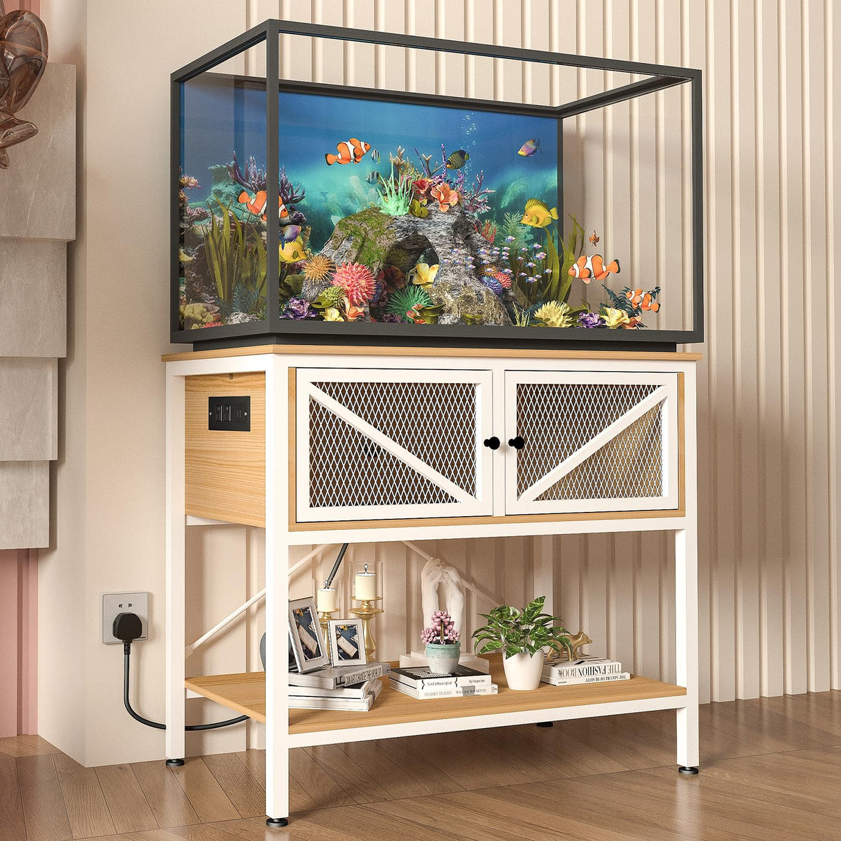 Avolander 40-50 Gallon Fish Tank Stand, Aquarium Stand with Power Outlets & LED Light, Cabinet for Fish Tank Accessories Storage, Heavy Duty Metal Frame, 760LBS Capacity, White Walnut Brown Avolander