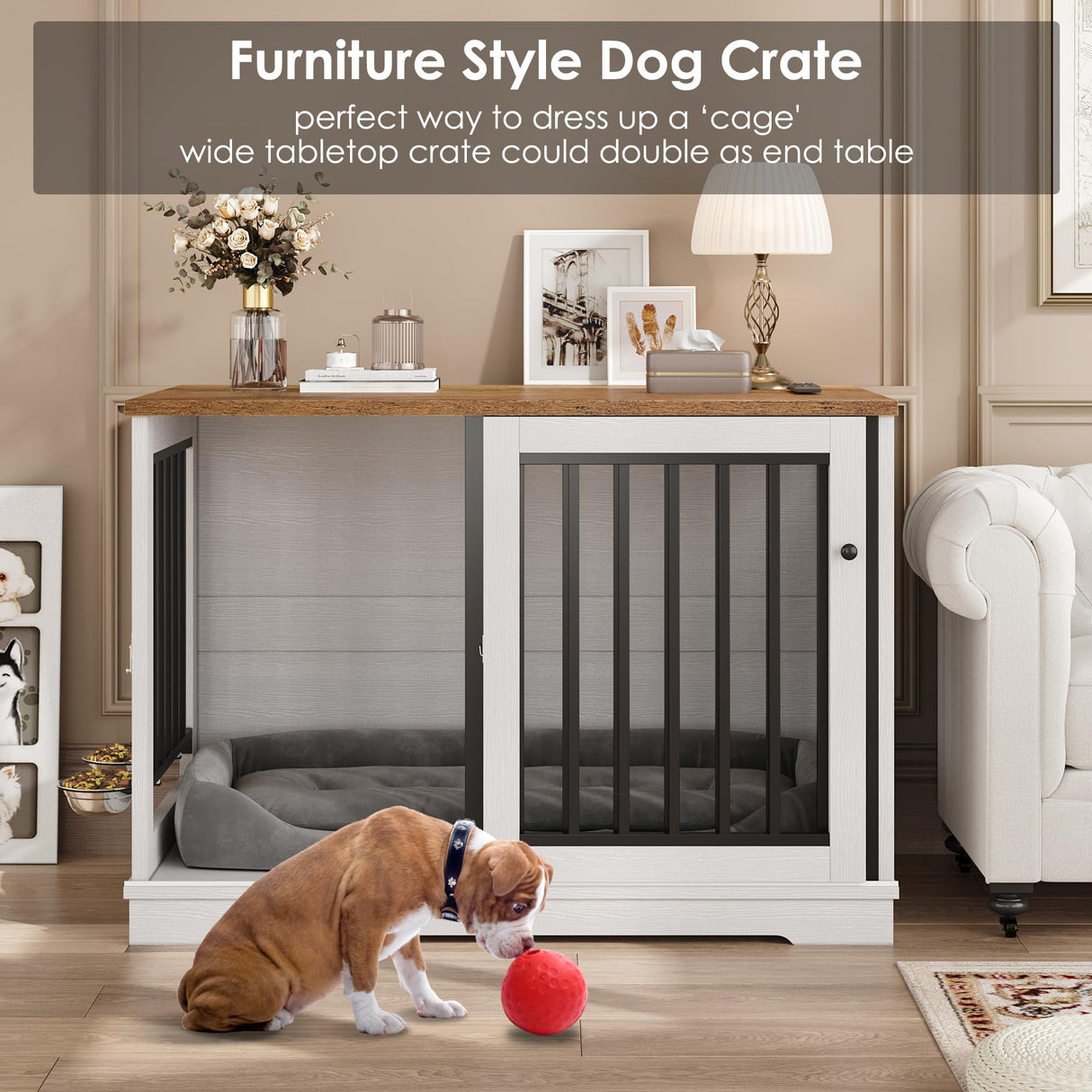 Dog Crate Furniture 47" Large Dog Kennel for Dogs Indoor, Heavy Duty Dog Cage with Sliding Door and 2 SUS Bowls Wooden End Table in Living Room for Small Medium Large Dogs, White TTVIEW