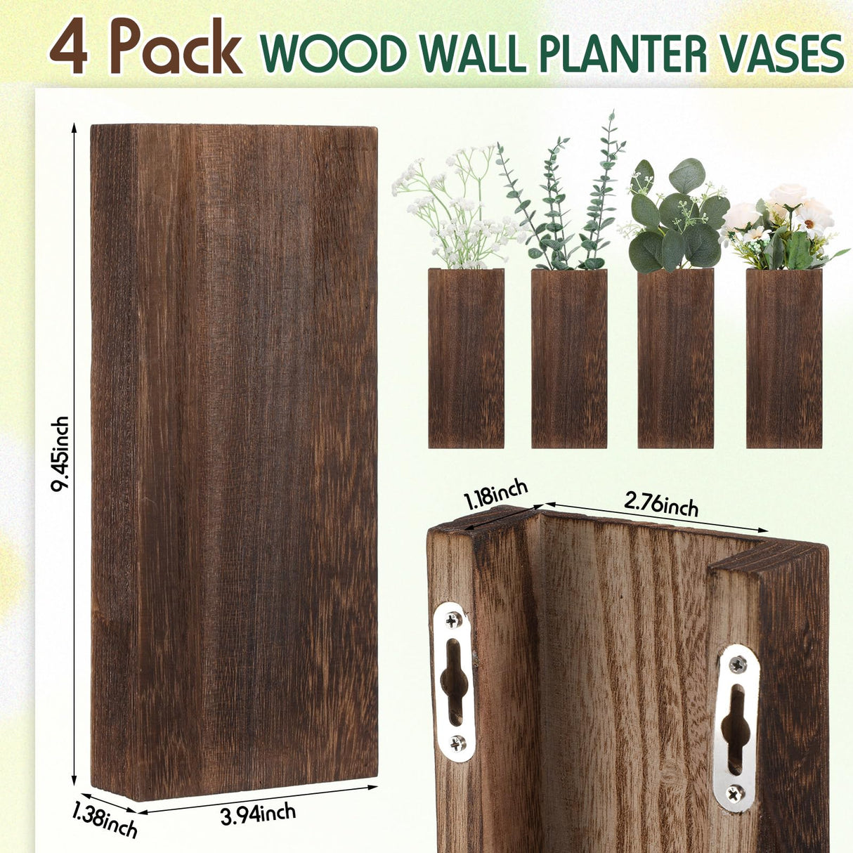 Ziliny 4 Pack Wood Wall Planter for Dried Flowers and Artificial Greenery Indoor Plants Holder, Wood Wall Decor Wooden Pocket Vase Modern Farmhouse Wall Hanging Planter for Living Room Bedroom Home Ziliny
