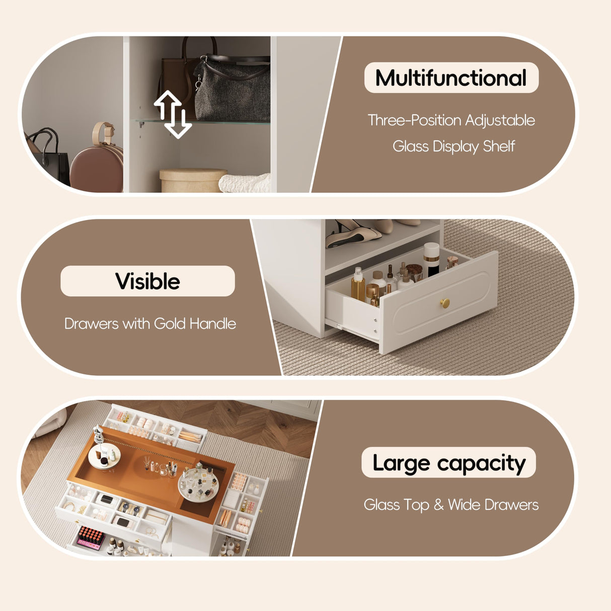 Merax Wood Closet Island with 6 Drawers 47.3" Wardrobe Armoire Bedroom Island with Glass Top and Open Shelves, Jewelry Storage Vanity Island with Compartments, Cloakroom Walk-in Closet Island (White) Merax