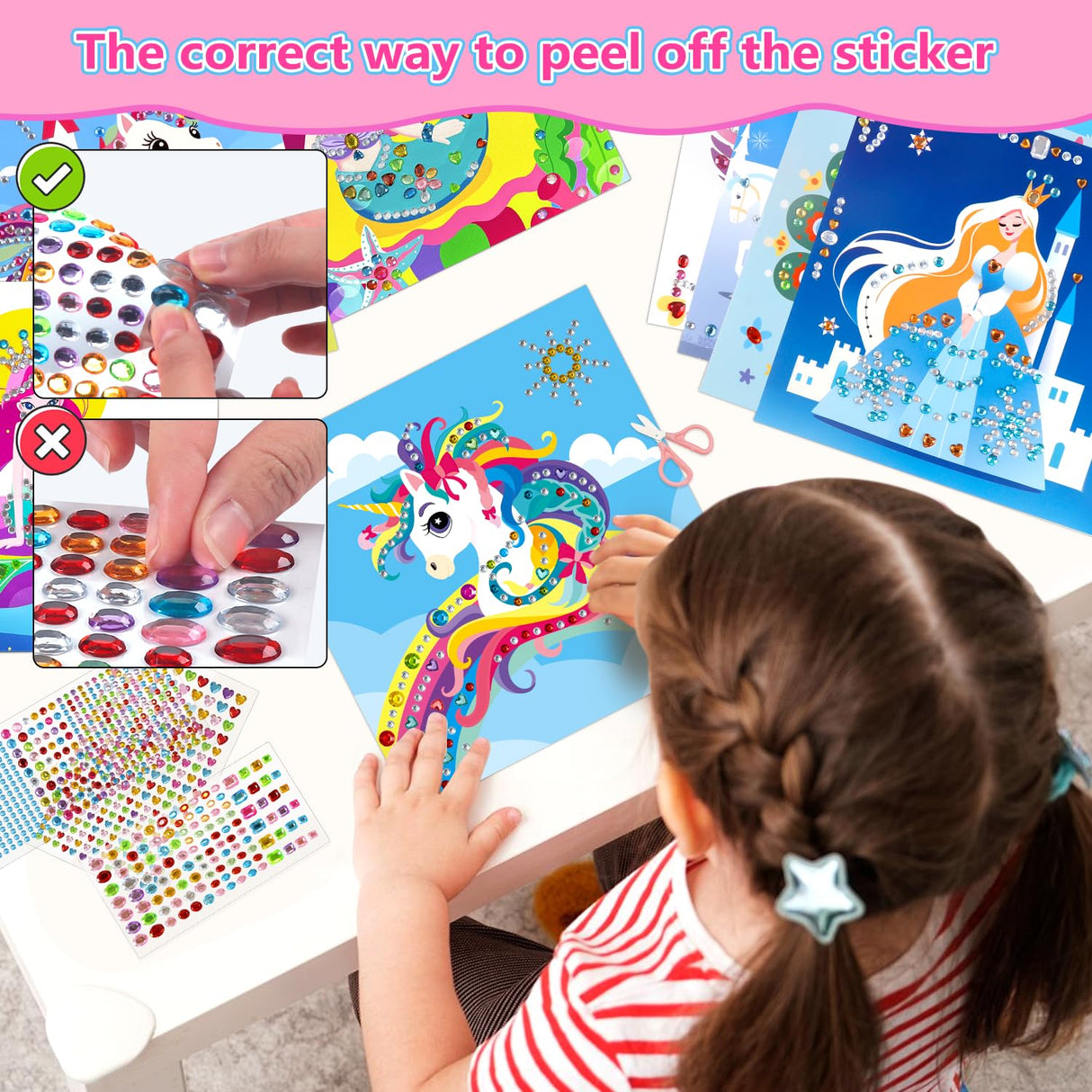 Marlrin Gem Sticker Kit for Kids, 8 Unicorn Princess Themes, Crafts Kits for Girls Ages 4-8, Arts & Crafts Toys, Diamond Art Kits for Kids - Birthday and Christmas Gift for Girls Ages 3, 4, 5, 6, 7, 8 Marlrin