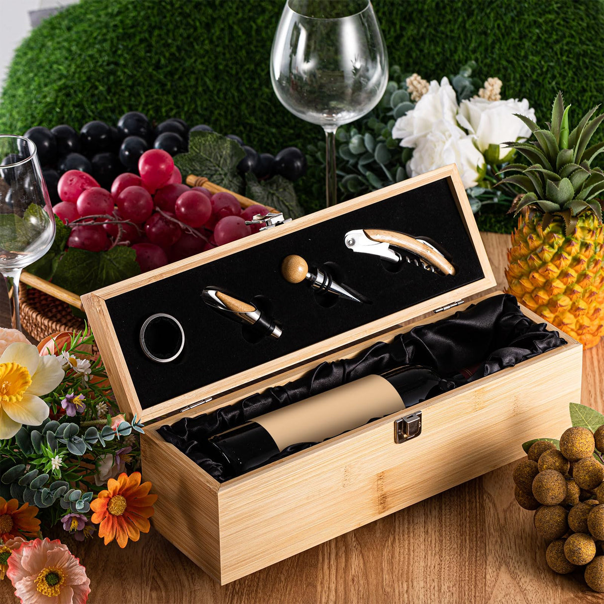 Teenyyou Wooden Wine Gift Boxes, Wine Box with 4 Wine Accessories Set, Retro Wood Single Wine Bottle Holder, Christmas Day Wine Gifts, Wine Storage Case Gift for Wine Lover Birthdays Housewarmings Teenyyou