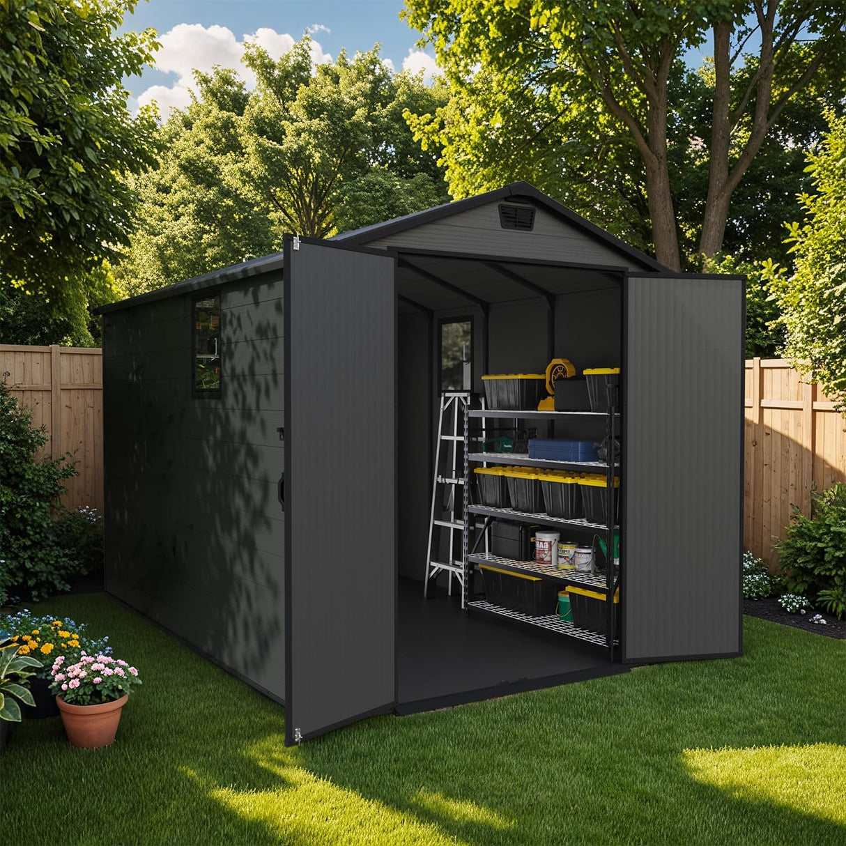 Patiowell 6 x 10 FT Outdoor Plastic Storage Shed with Floor - Lockable Resin Tool Shed, 2 Windows, Easy Assembly for Garden/Backyard (Dark Grey) Patiowell