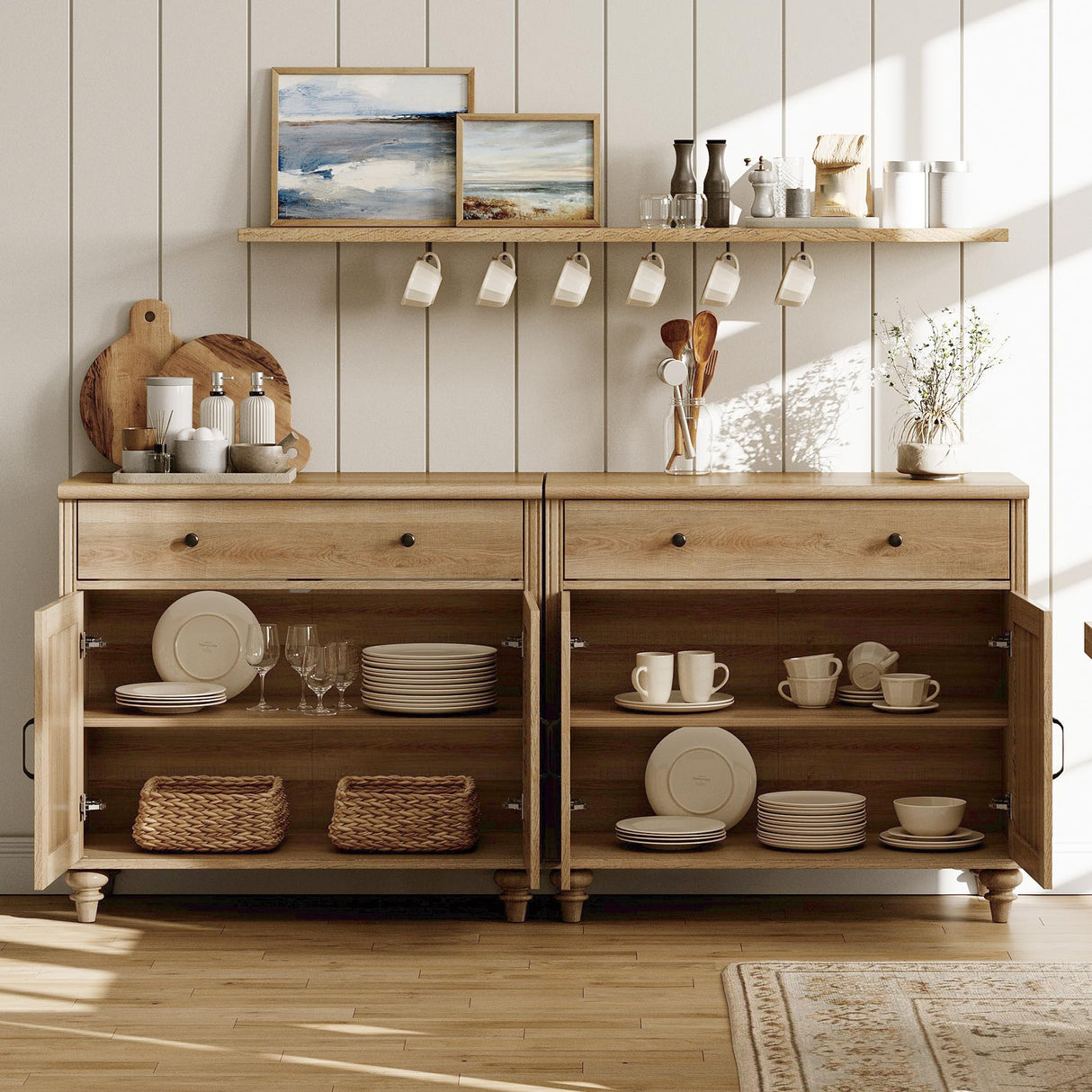 WAMPAT Farmhouse TV Stand for 75 inch TV with 4 Doors and 2 Drawers, Wood Universal TV Stand with Storage Cabinets, Oak Entertainment Center TV Console Table for Living Room, Bedroom WAMPAT