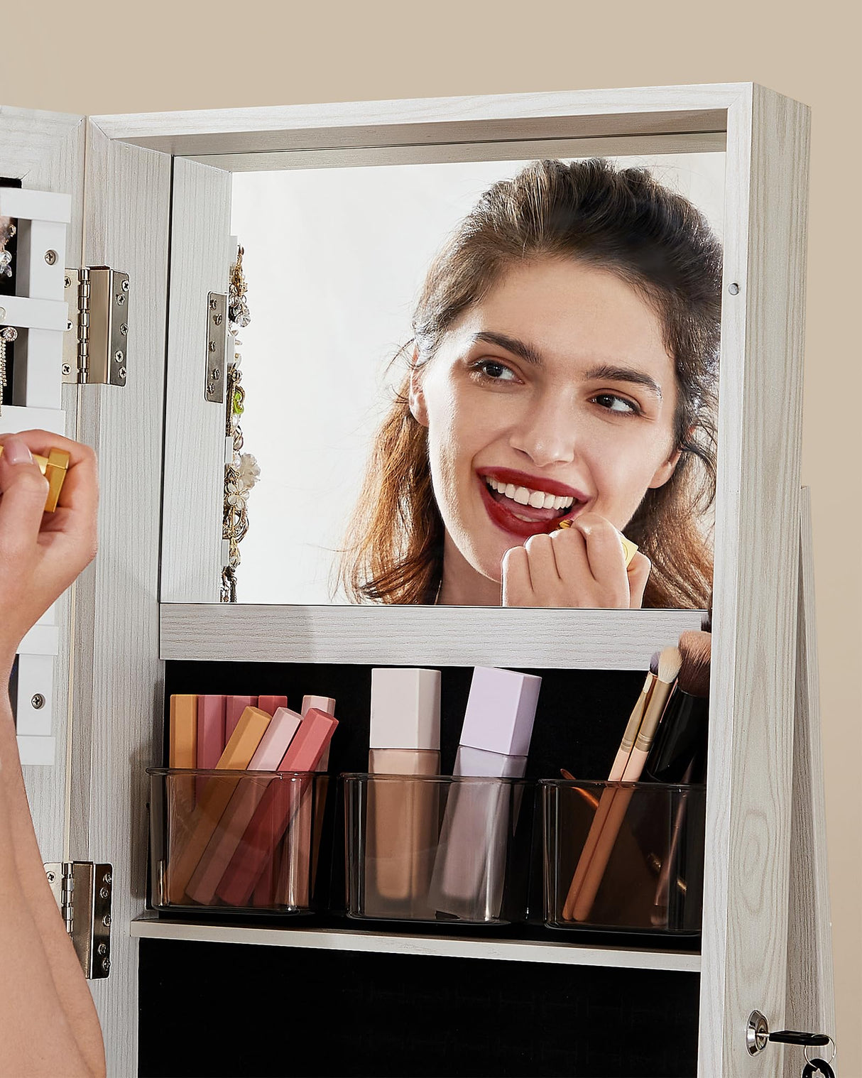 SONGMICS 360° Swivel Jewelry Cabinet, Lockable Jewelry Organizer with Full-Length Mirror, Rear Storage Shelves, Interior Mirror, Jewelry Armoire, Gift Idea, White with Gray Wood Grain UJJC006W01 SONGMICS