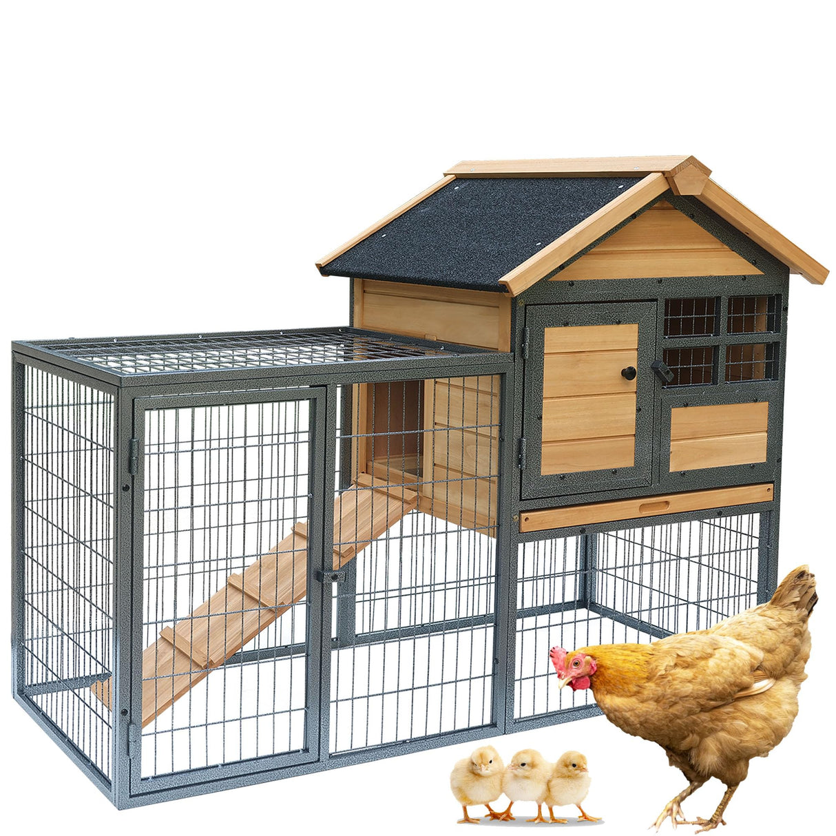 Chicken Coop and Run, Two Story Rabbit Hutch Indoor Outdoor, Waterproof Metal Frame Hen House with Nesting Box Rabbit Cage, Deep No Leak Pull Out Tray, for Chick, Bunny Rockever