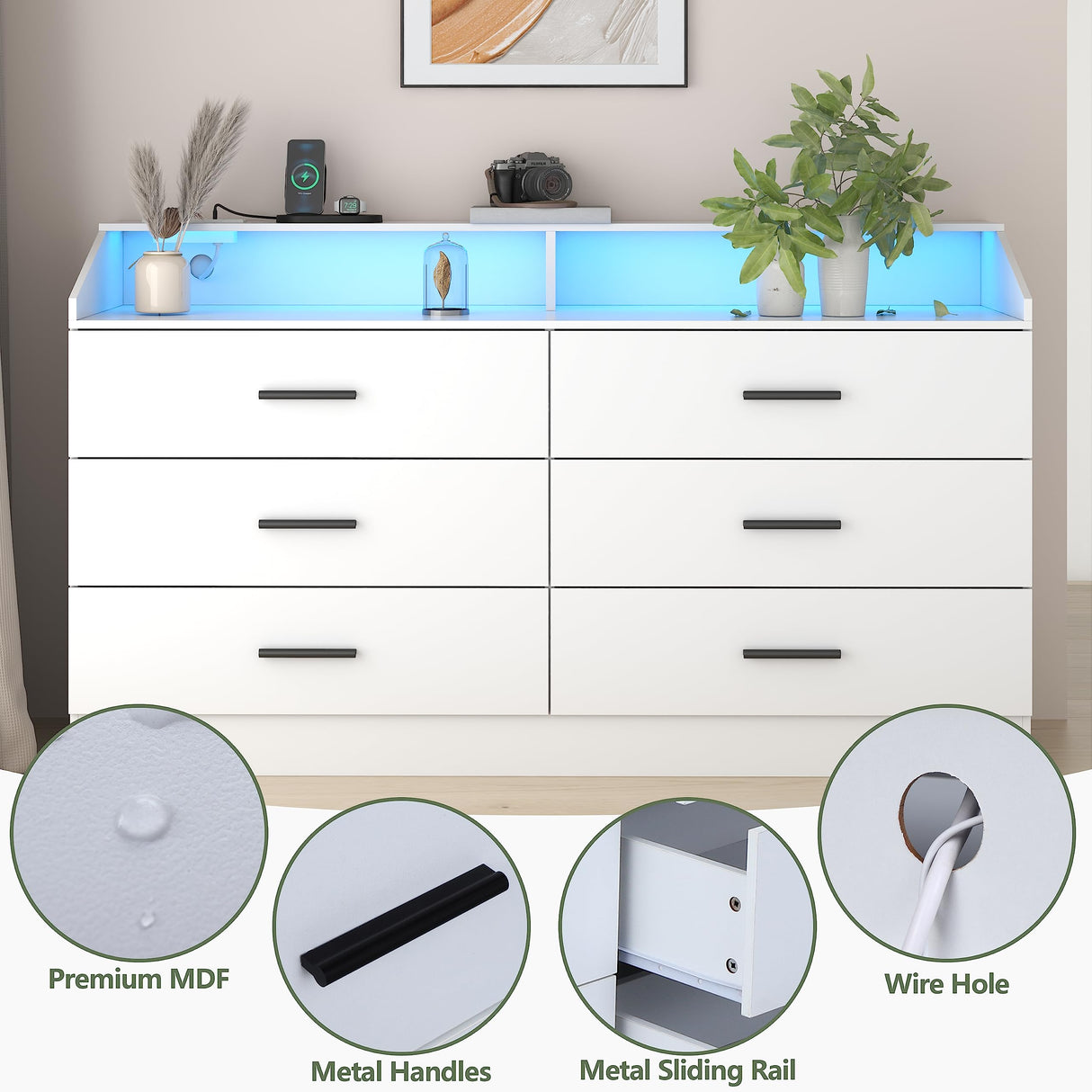 White Dresser for Bedroom, 6 Drawer Dresser with Charging Station, Chests of Drawers with LED Lights, Modern Double Dresser, Storage Cabinet with Drawers for Living Room, Hallway Loomie