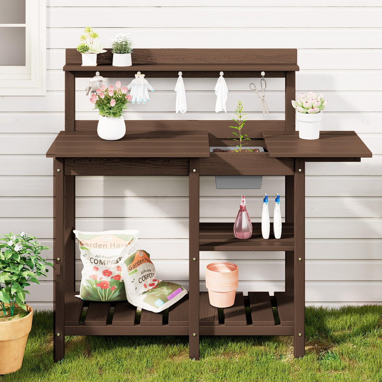 SERWALL Outdoor Potting Bench with Removeable Sink,Rot-Resistant HDPE Potting Table for Outside Gardening, All Weather Use - Coffee SERWALL