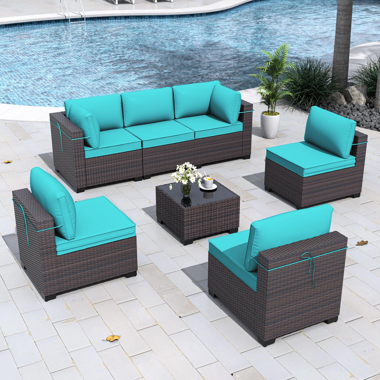Gotland 7 Pieces Patio Furniture Set with 1 Coffee Table, 6 Seater Wicker Rattan Patio Set with 29.5'' High Backrest Thick Cushions Adjustable Foot Pads, for Porch Deck Garden Green Blue Gotland