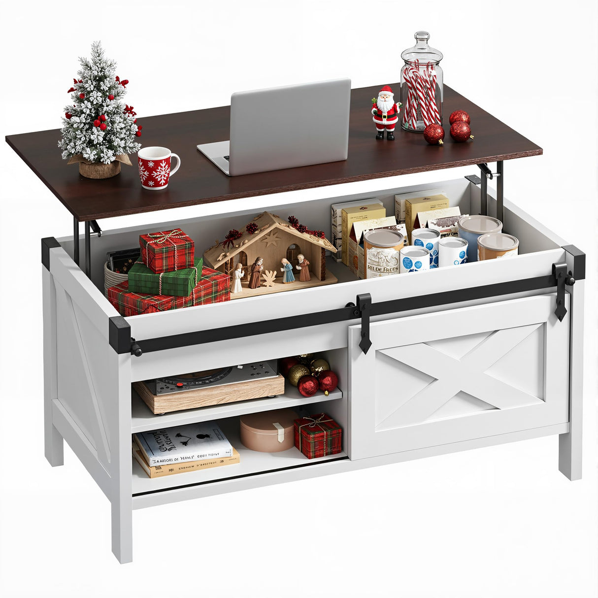 WLIVE Lift Top Coffee Table, 39.4" Farmhouse Coffee Table with Large Hidden Storage Compartment, Sliding Barn Doors, Modern Wood Center Table for Living Room, Office, White WLIVE