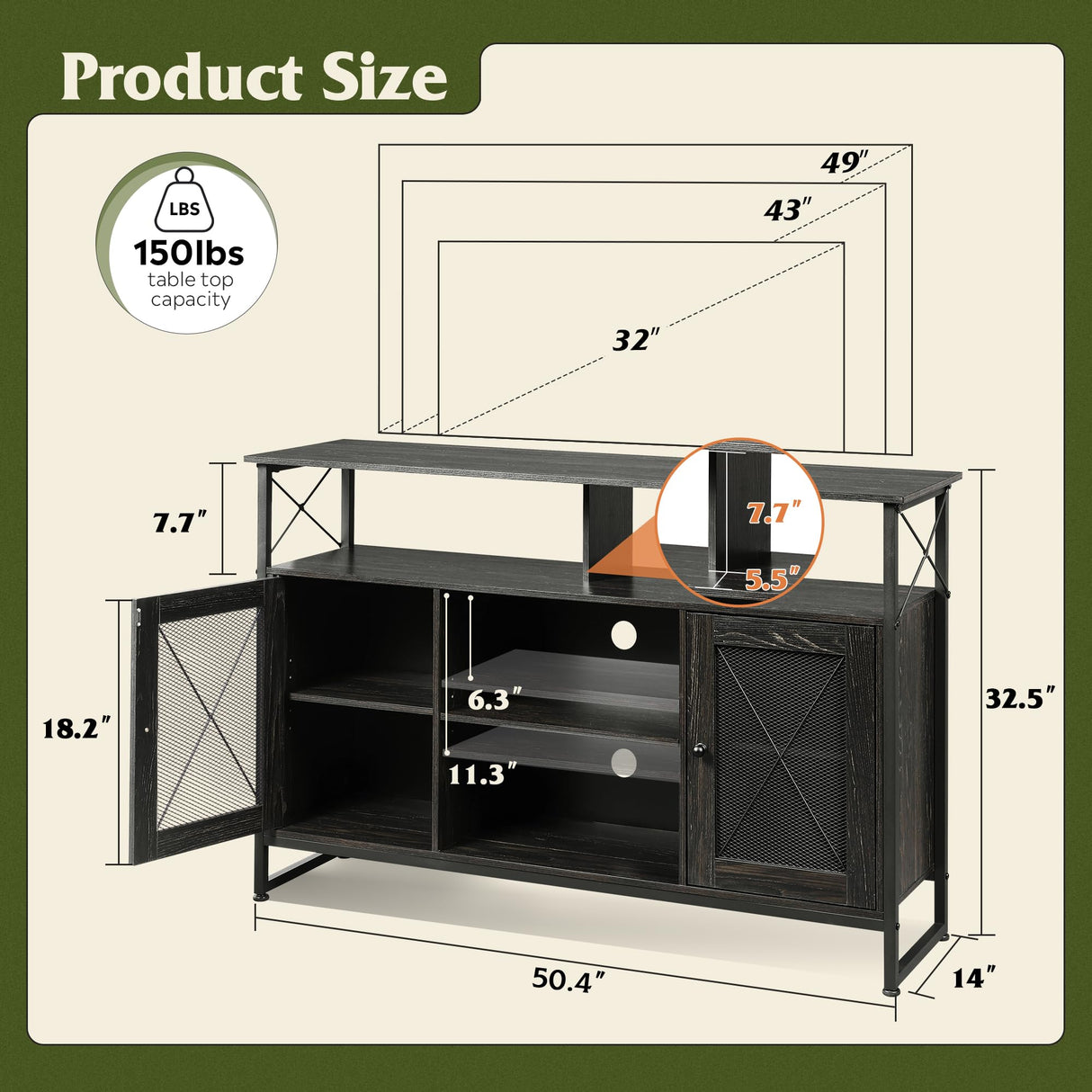 WLIVE TV Stand 55 inch TV,Tall Entertainment Center with Storage, Farmhouse Industrial TV Console for Bedroom Living Room, Charcoal Black WLIVE