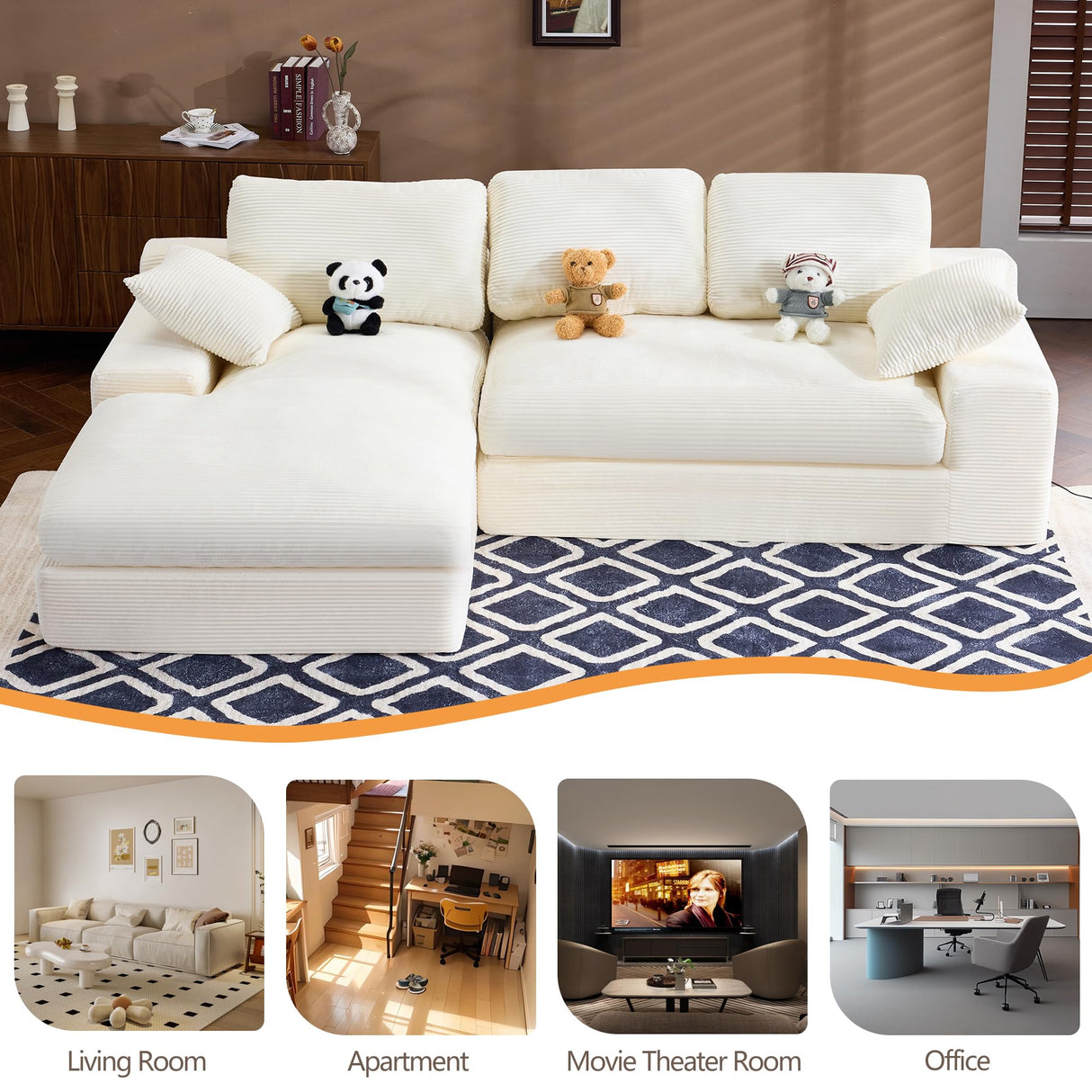 98.4" Cloud Modular Sectional Couch with Chaise,L-Shaped Modern Upholstered Sofa with Deep Seat,Corduroy Sectional Couches for Living Room and Bedroom,No Assembly Required(Beige) XSZD