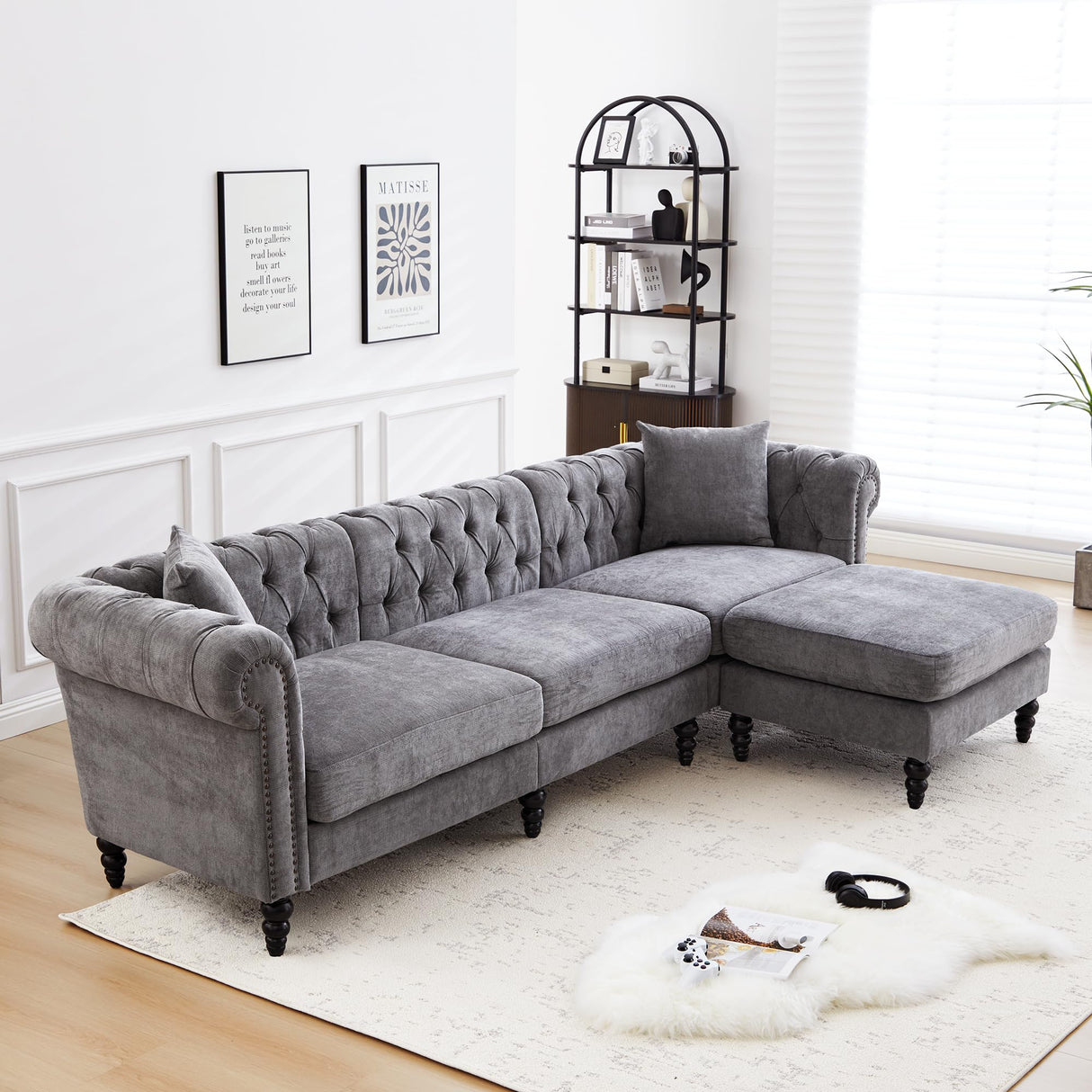 AVZEAR Chesterfield L Shaped Sofa Modular, Sectional Linen Fabric Couch with Ottoman and Pillow, Modern Bed Deep Seat Sofa Living Room Furniture Sets for Living Room, Bedroom and Apartment, Grey AVZEAR