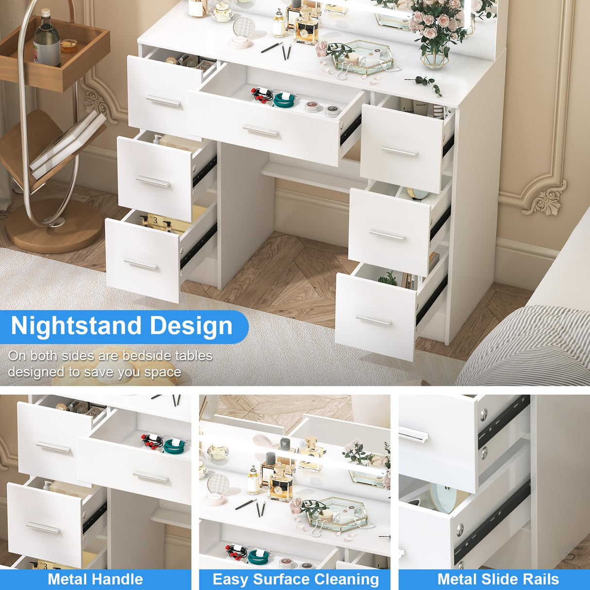 Vanity Desk with Mirror and LED Lights, 40" W Makeup Vanity Desk with 7 Drawers and Super Large Mirror, Derssing Table with 3 Color Modes and Adjustable Brightness, Modern Makeup Table Koestem