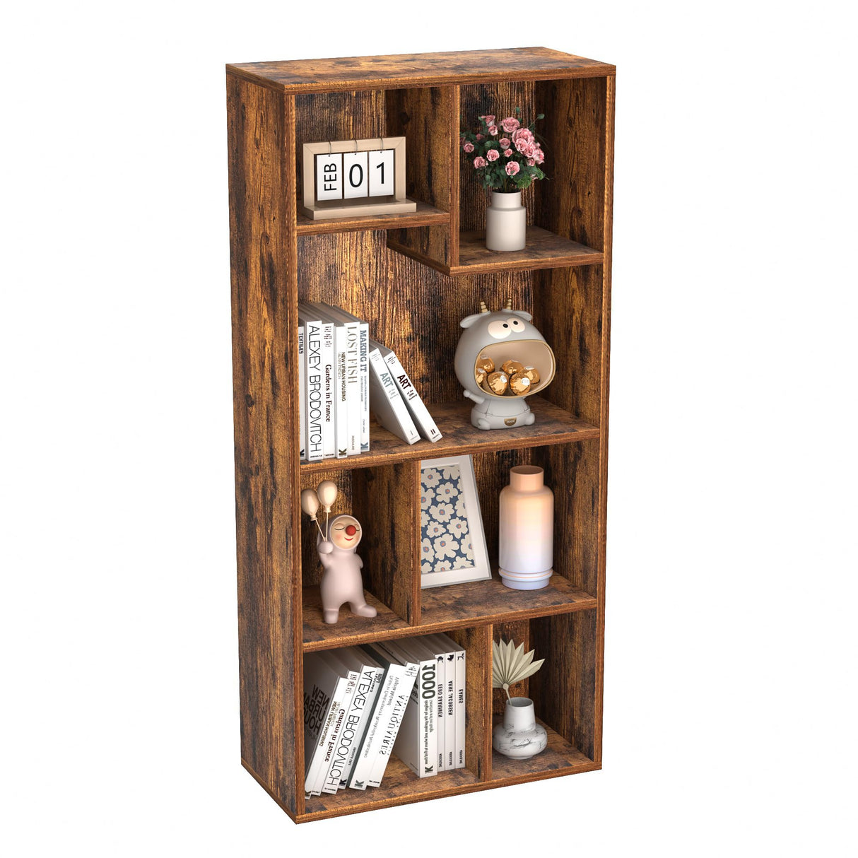 VECELO 42 Inch High Bookcase, 4-Tier Modern Storage Cabinet with Height Difference Shelves for Standard Textbooks, Floor Standing, 7 Cubes, Horizontal Available, Easy Assembly, Rustic Brown VECELO