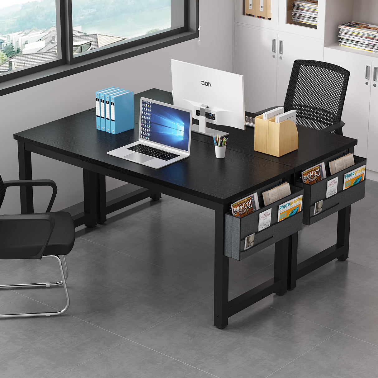 SURMIO Large Computer Desk - 63 Inch Home Office Desk Study Student Writing Table Gaming Desk Wood Modern Simple Table with Storage Bag & Headphone Hooks, Black SURMIO