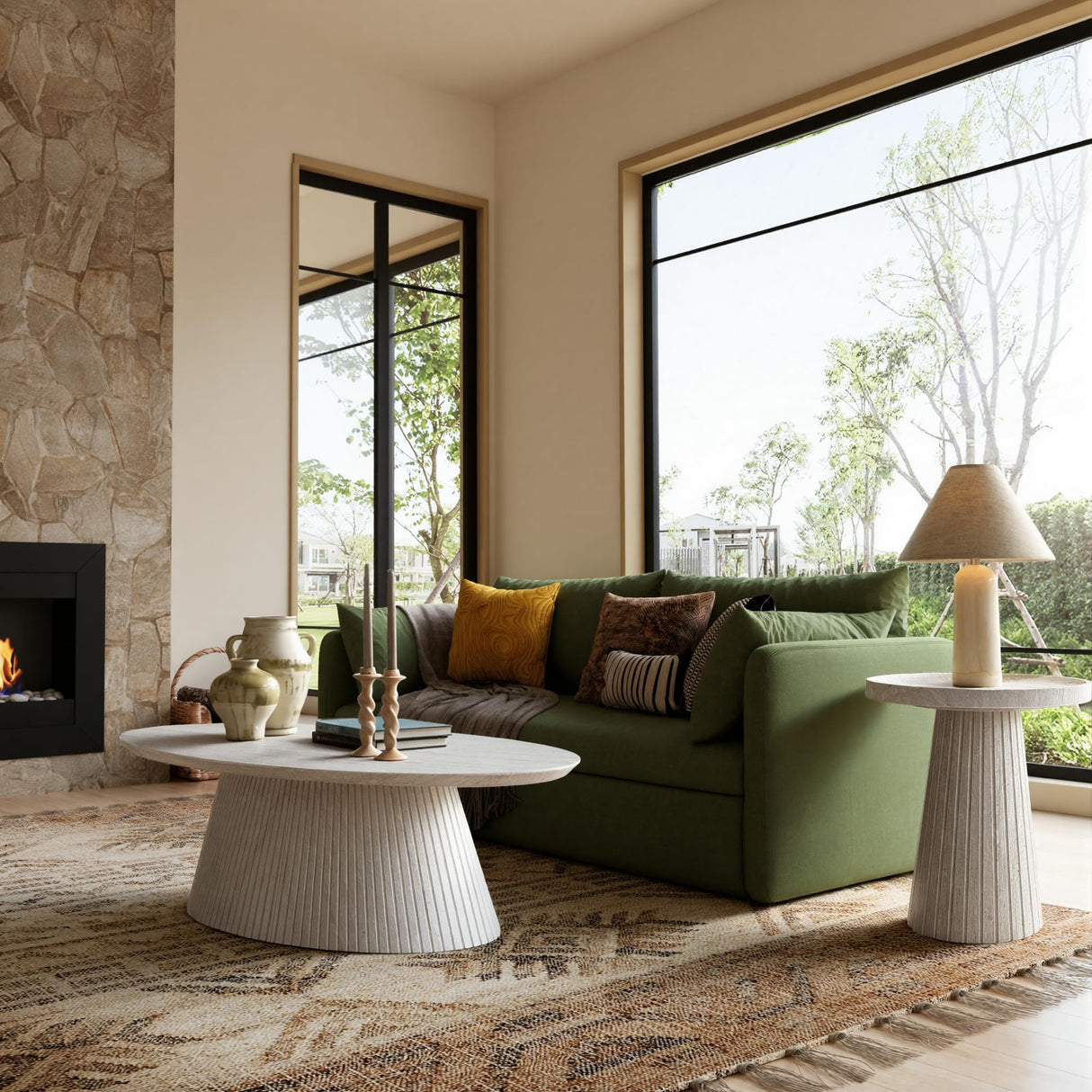 win2win Oval Coffee Table, Modern Faux Stone Coffee Table with Fluted Design, Travertine Tea Table with Tapered Base, Minimalist Center Table for Living Room, Apartment, Office, Stone win2win