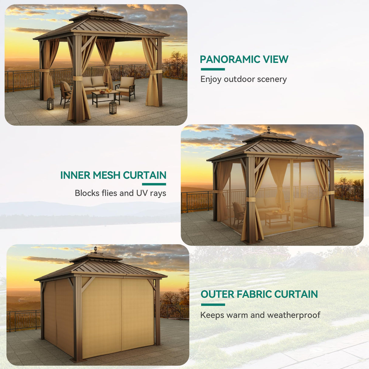 YITAHOME 10x10ft HardTop Gazebo with Nettings and Curtains, Heavy Duty Double Roof Galvanized Steel Outdoor Combined of Horizontal Vertical Stripes Roof for Patio, Backyard, Deck, Lawn (Bronze) YITAHOME