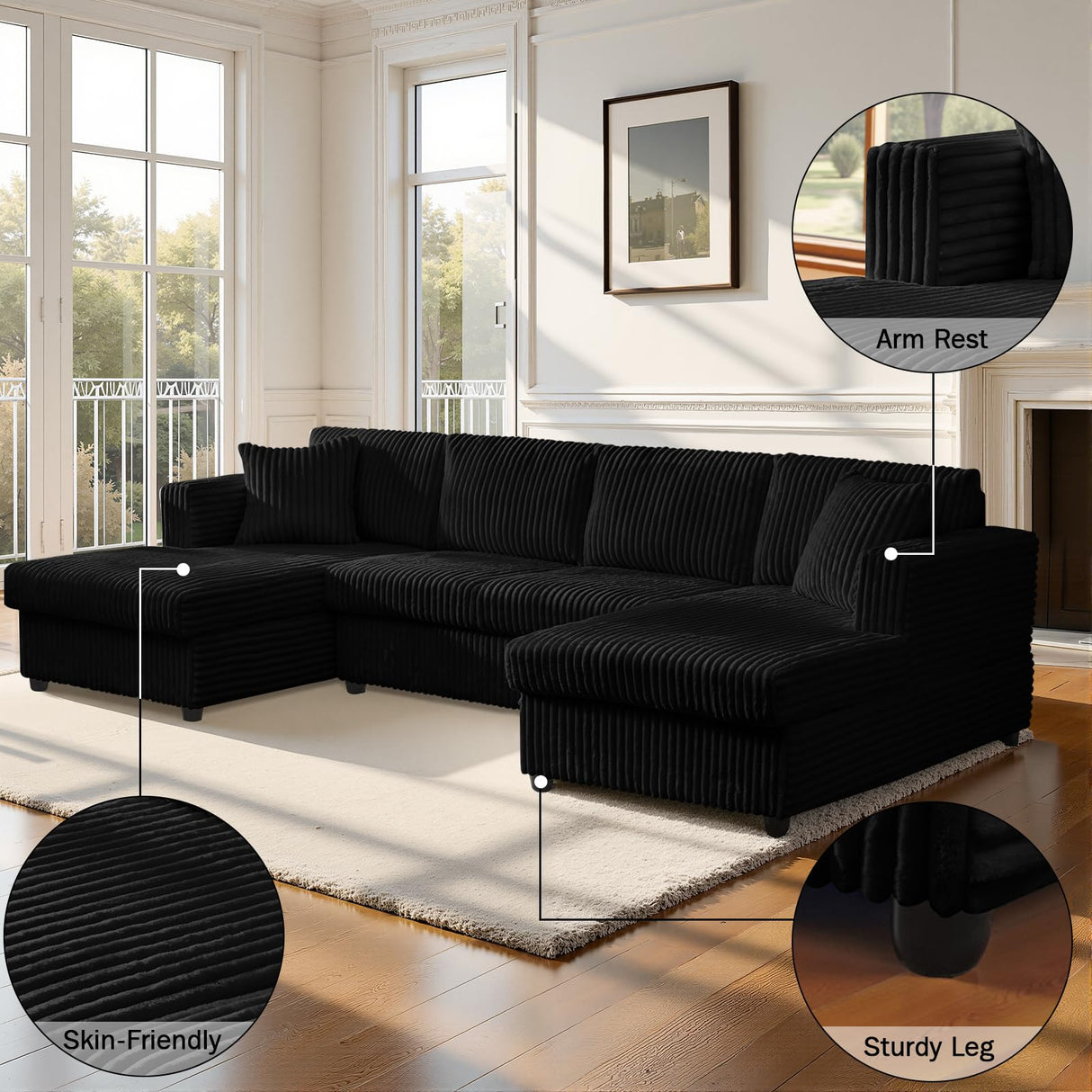 123" U-Shaped Modular Sesctional Sofa, Two L-Shape Chaise with 2 Cloud Couch Sectional with Two Pillows, Couches forLiving Room (Black) MYINDA