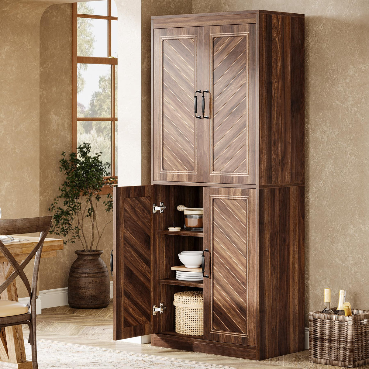 Tribesigns 69" Tall Kitchen Pantry Cabinet, Farmhouse Pantry Kitchen Cabinet with 4 Doors and 4 Adjustable Shelves, Rustic Wood Cupboard for Kitchen, Dining Room, Living Room Tribesigns