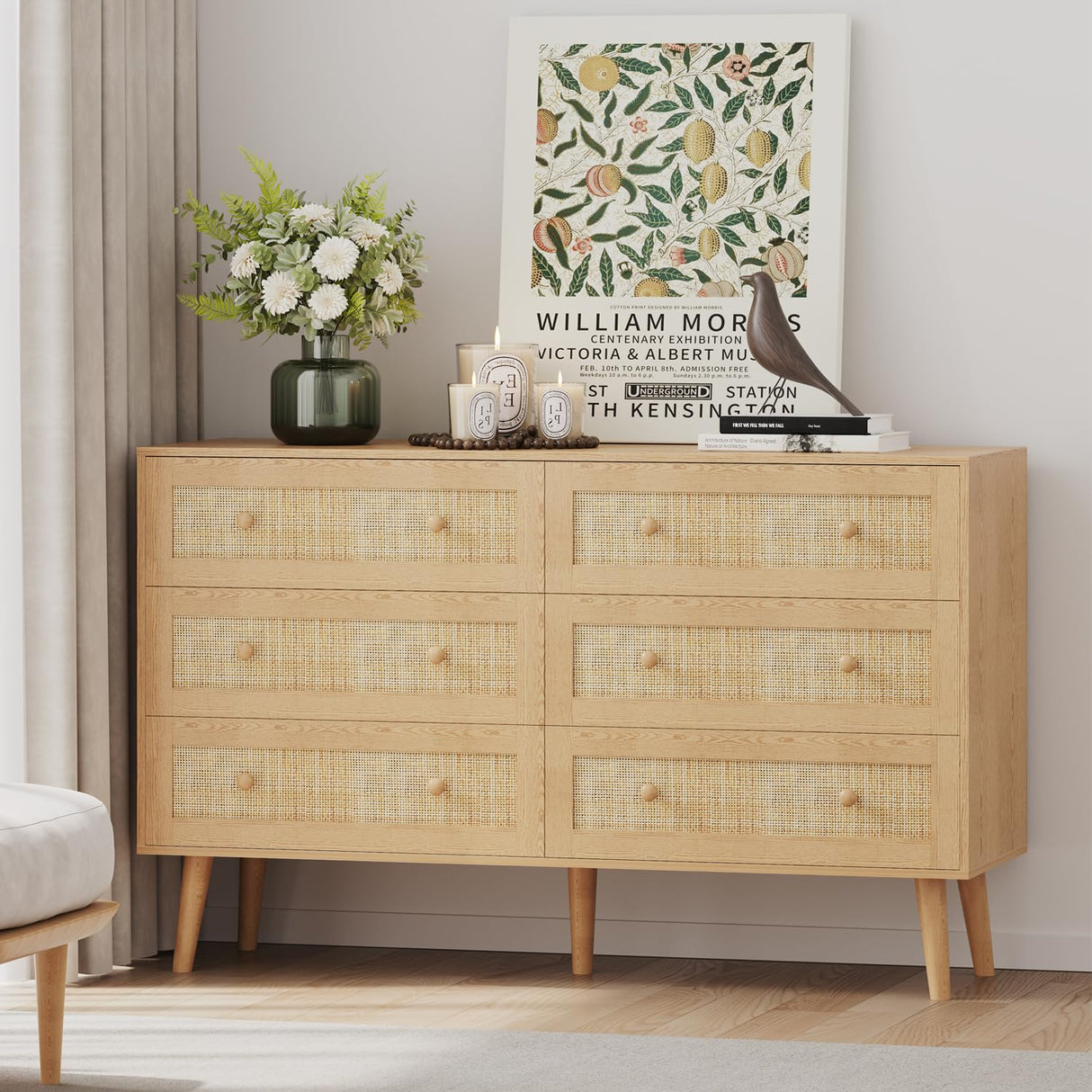 6 Drawer Rattan Dresser for Bedroom, Modern Natural Wooden Dresser, Beside Table for Closet, Boho Chests of Double Drawers for Bedroom, Living Room, Entryway, Hallway yesasin