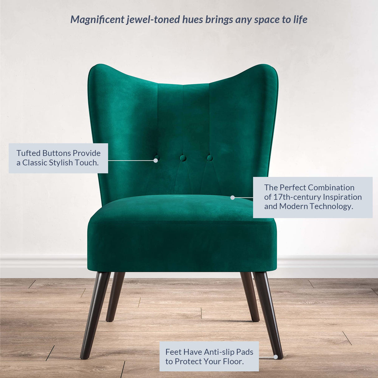 BELLEZE Modern Velvet Accent Chair, Wingback Small Upholstered Reading Chair with Solid Wood Legs, Comfy Tufted Button Armless Corner Chair for Living Room, Bedroom - Sheila (Green) BELLEZE