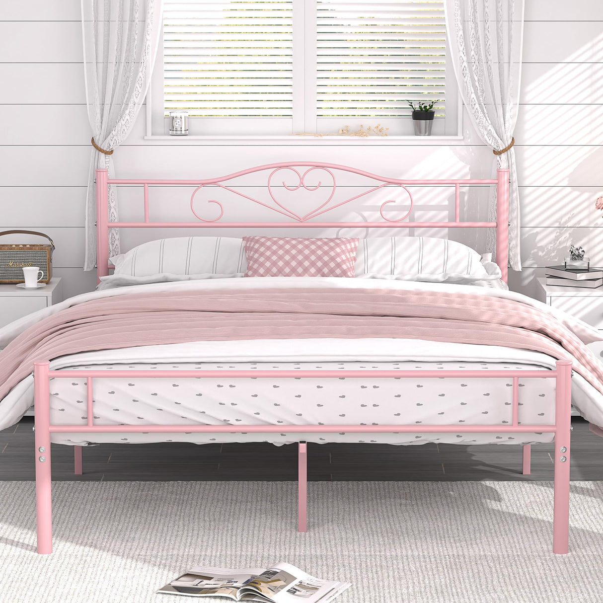 VECELO 14 Inch Queen Size Metal Platform Bed Frame with Headboard and Footboard, Heavy Duty Mattress Foundation with Steel Slats Support, No Box Spring Needed, Pink VECELO