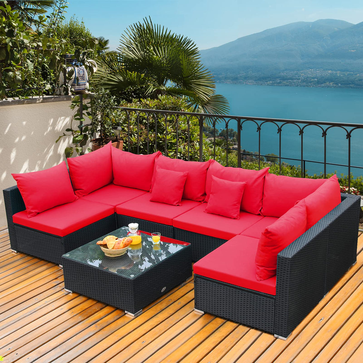 Tangkula 7 Piece Patio Furniture Set, Outdoor Sectional Sofa w/Pillows and Cushions, Wicker Sofa Conversation Set with Coffee Table, Patio Sofa and Tea Table Set for Garden, Lawn (Red) Tangkula