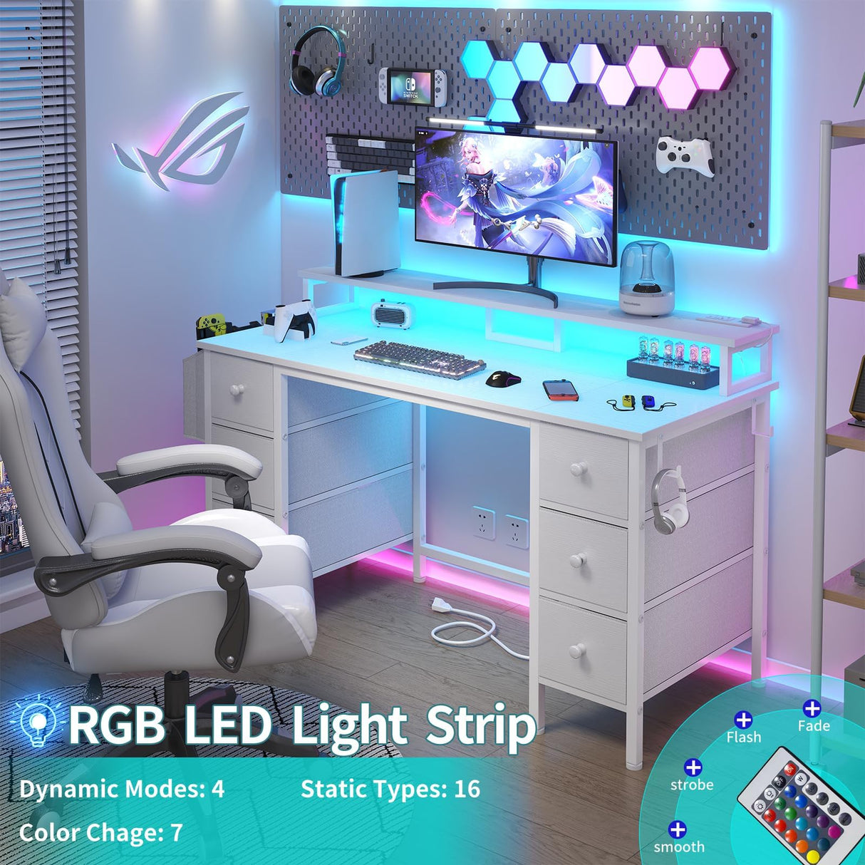 Lufeiya White Computer Desk with Fabric Drawers & Storage Shelves, 47 inch Home Office Desk with Monitor Stand, Gaming Desk with LED Lights and Power Outlets, White Lufeiya