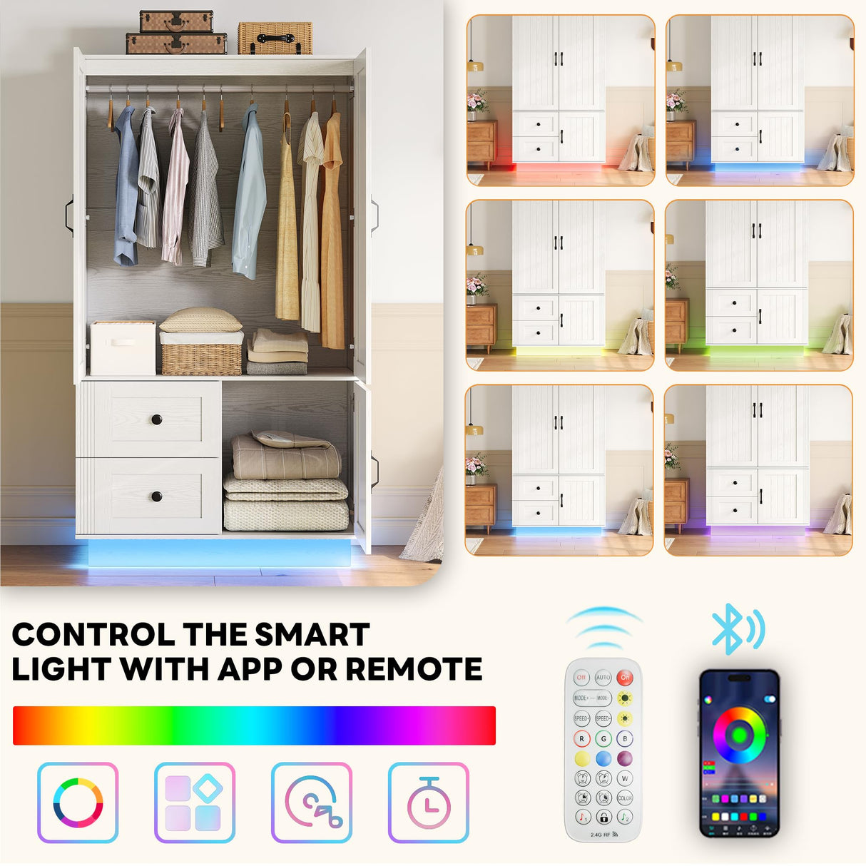 LIKIMIO Farmhouse Wardrobe Closet with Doors, 70" Bedroom Armoires with LED Lights and Hanging Rod, Wooden Large Wardrobe Cabinet with 2 Drawers and 1 Cabinet, Classic White LIKIMIO